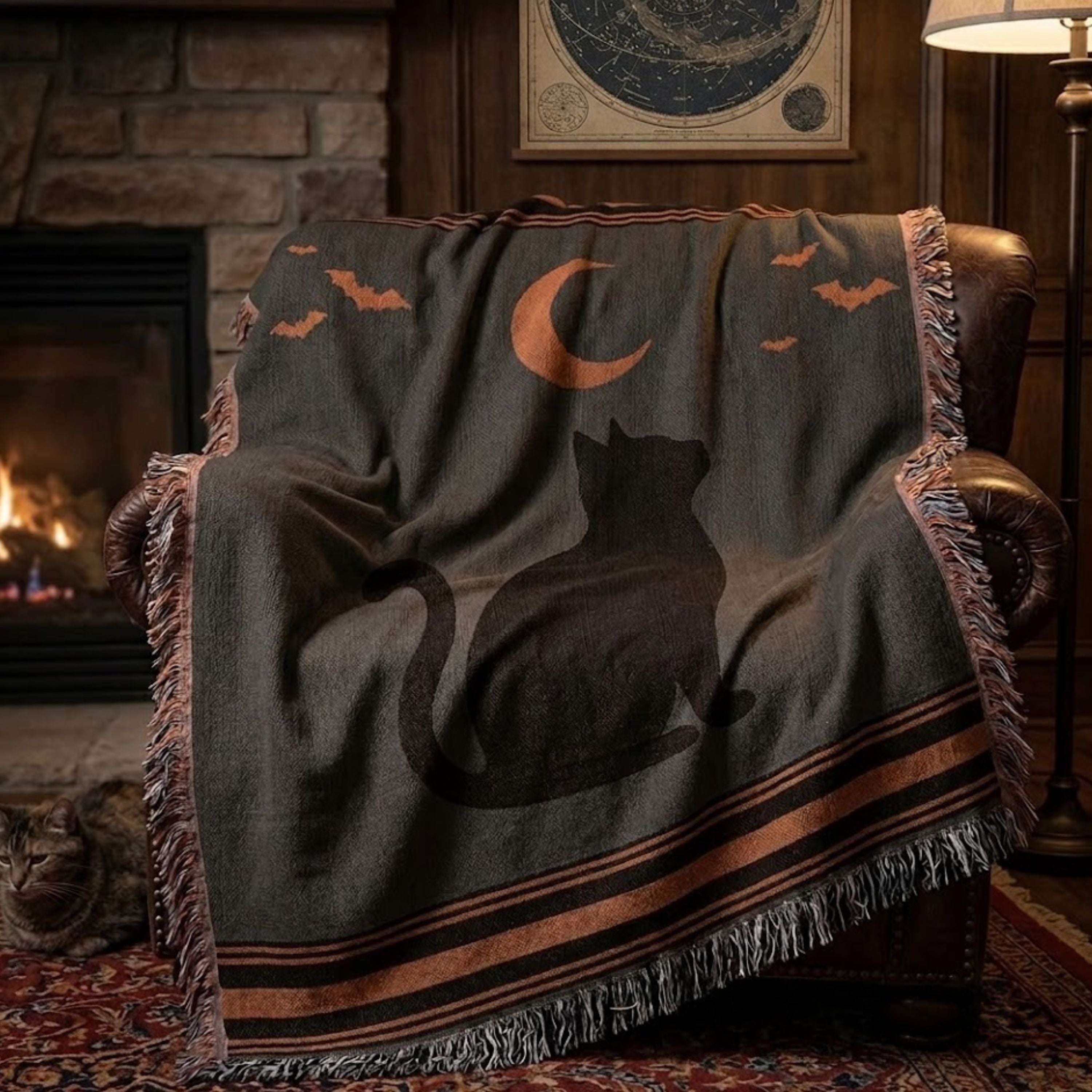 Halloween Black Cat woven cotton throw blanket draped over a leather armchair beside a glowing stone fireplace, close-up view of the black cat silhouette, crescent moon, and heritage stripe border — Trini Skies