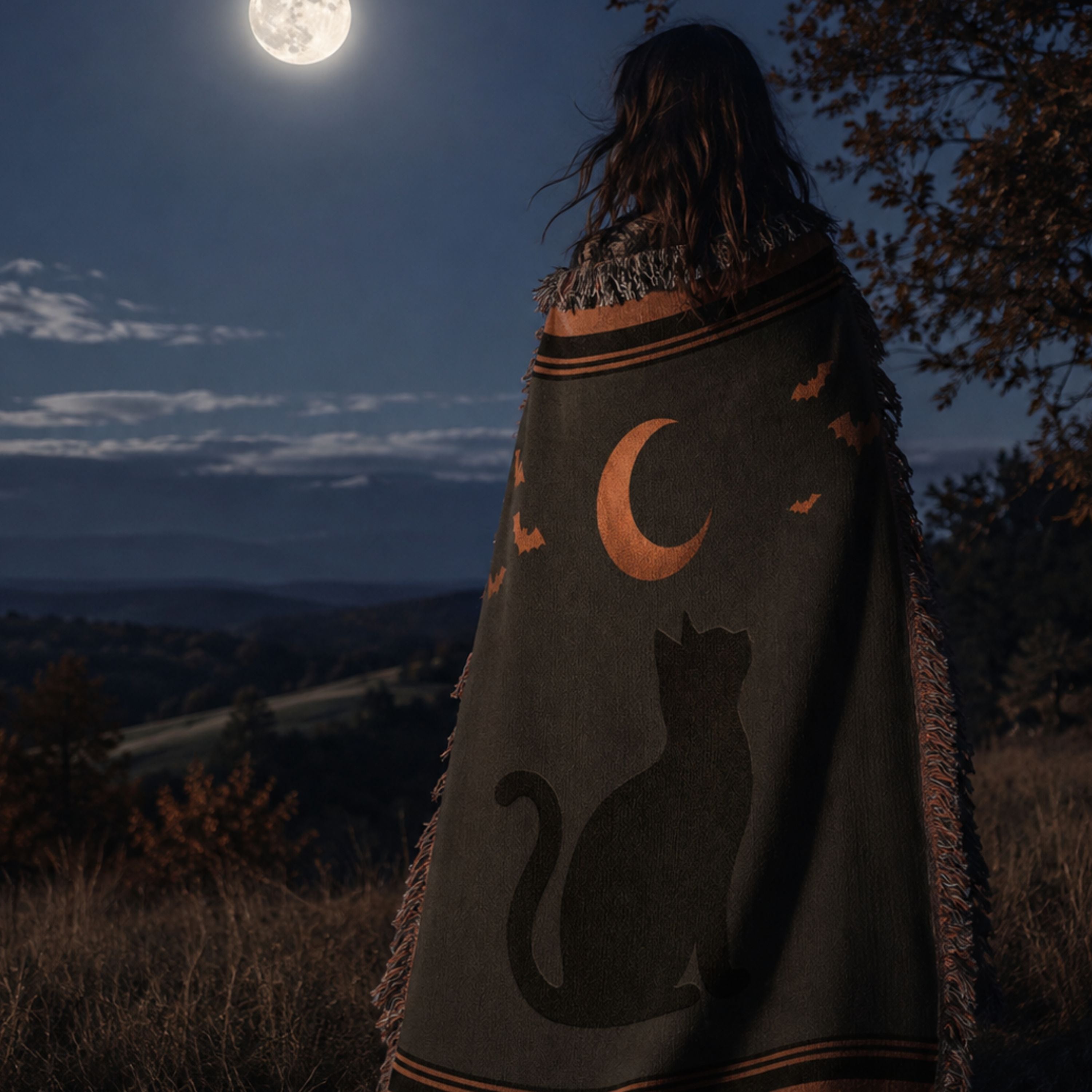 Woman standing outdoors at night wrapped in the Halloween Black Cat woven cotton throw blanket, close view of the black cat silhouette and crescent moon design against a starry night sky — Trini Skies