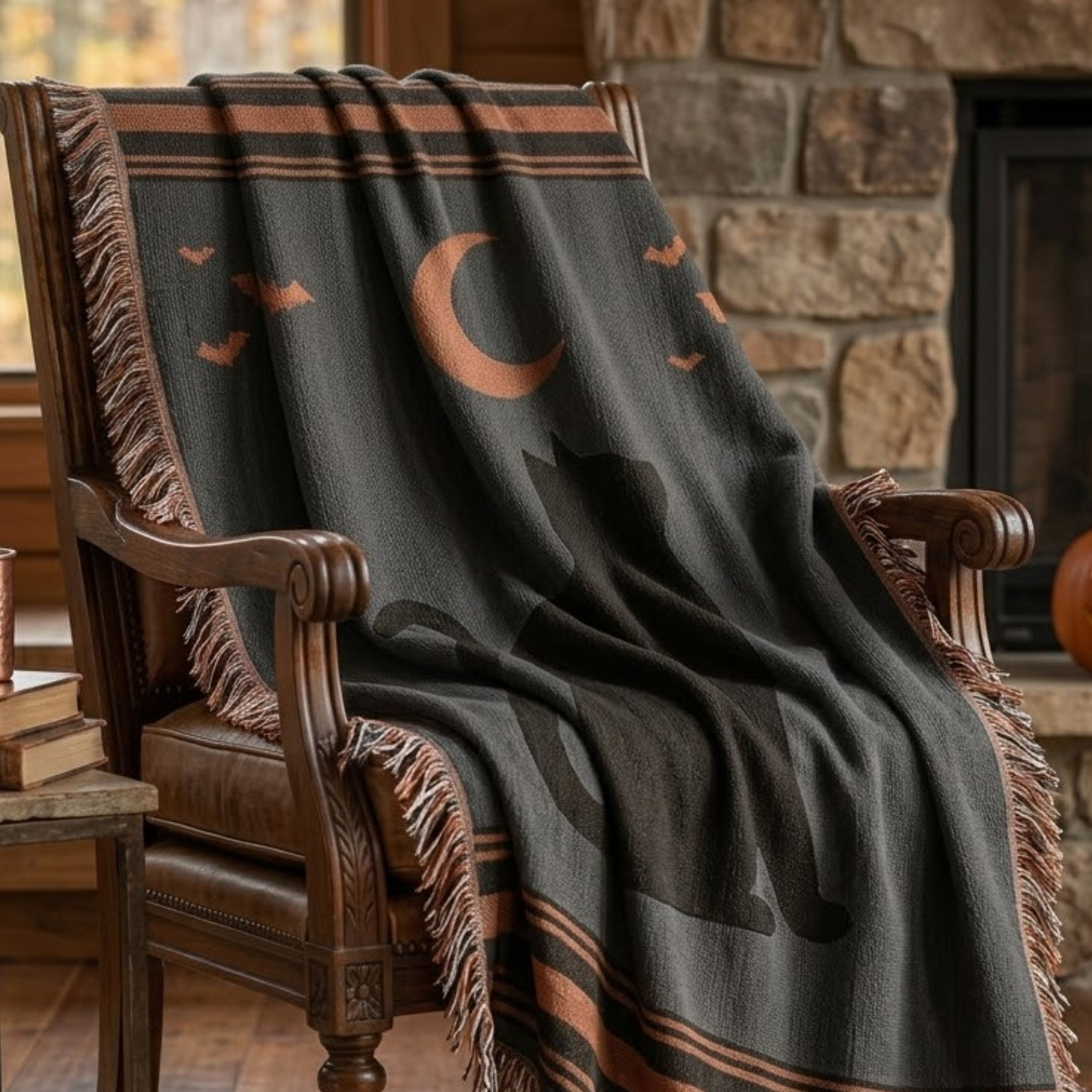 Halloween Black Cat woven cotton throw blanket draped over a wooden armchair beside a lit stone fireplace, showing the charcoal-slate field, black cat silhouette, and rust crescent moon design — Trini Skies