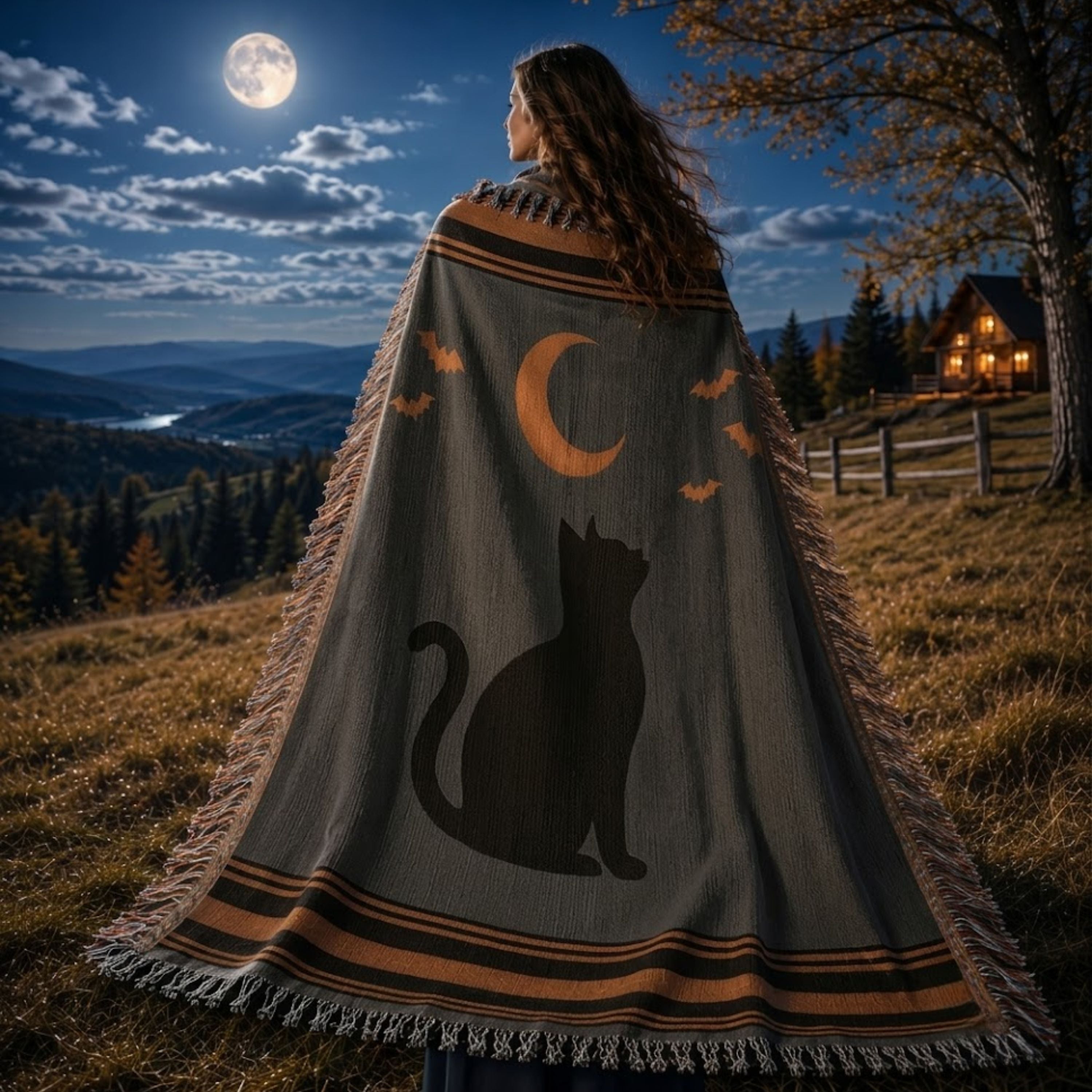 Woman standing outdoors under a full moon at night, wrapped head to toe in the Halloween Black Cat woven cotton throw blanket showing the black cat silhouette and rust crescent moon design with heritage stripe border, layered hillside landscape and cabin lights in the distance — Trini Skies