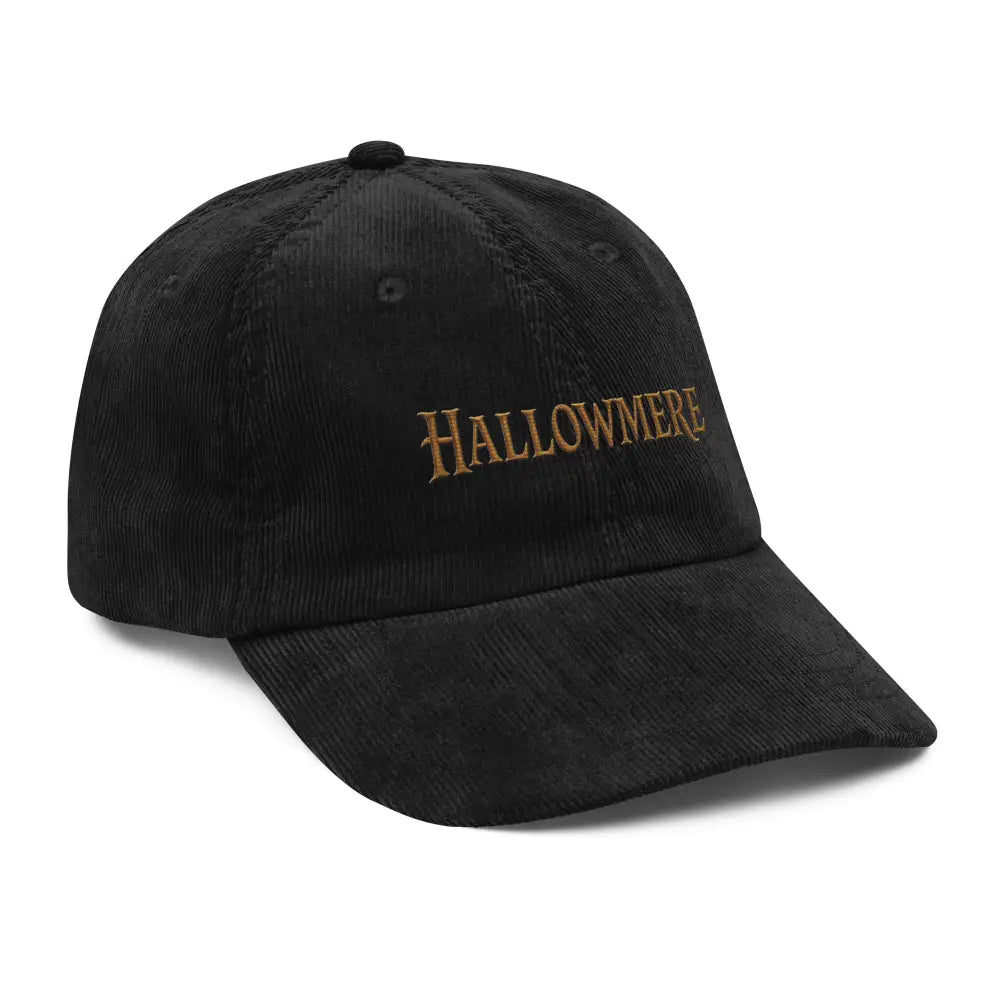 Hallowmere corduroy hat with gothic dark academia embroidered gold text