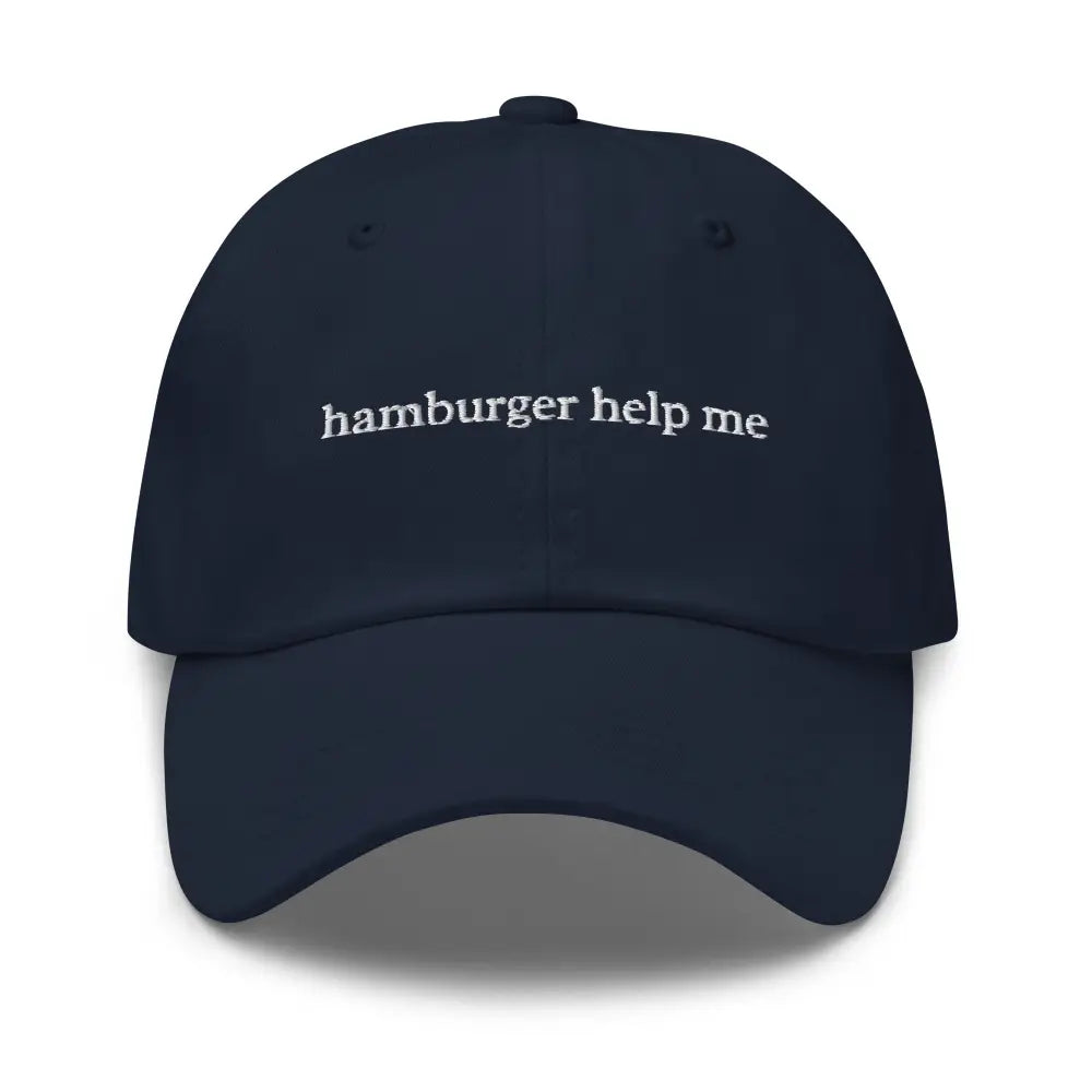 Dark blue embroidered dad hat with white text, custom Trini Skies cap