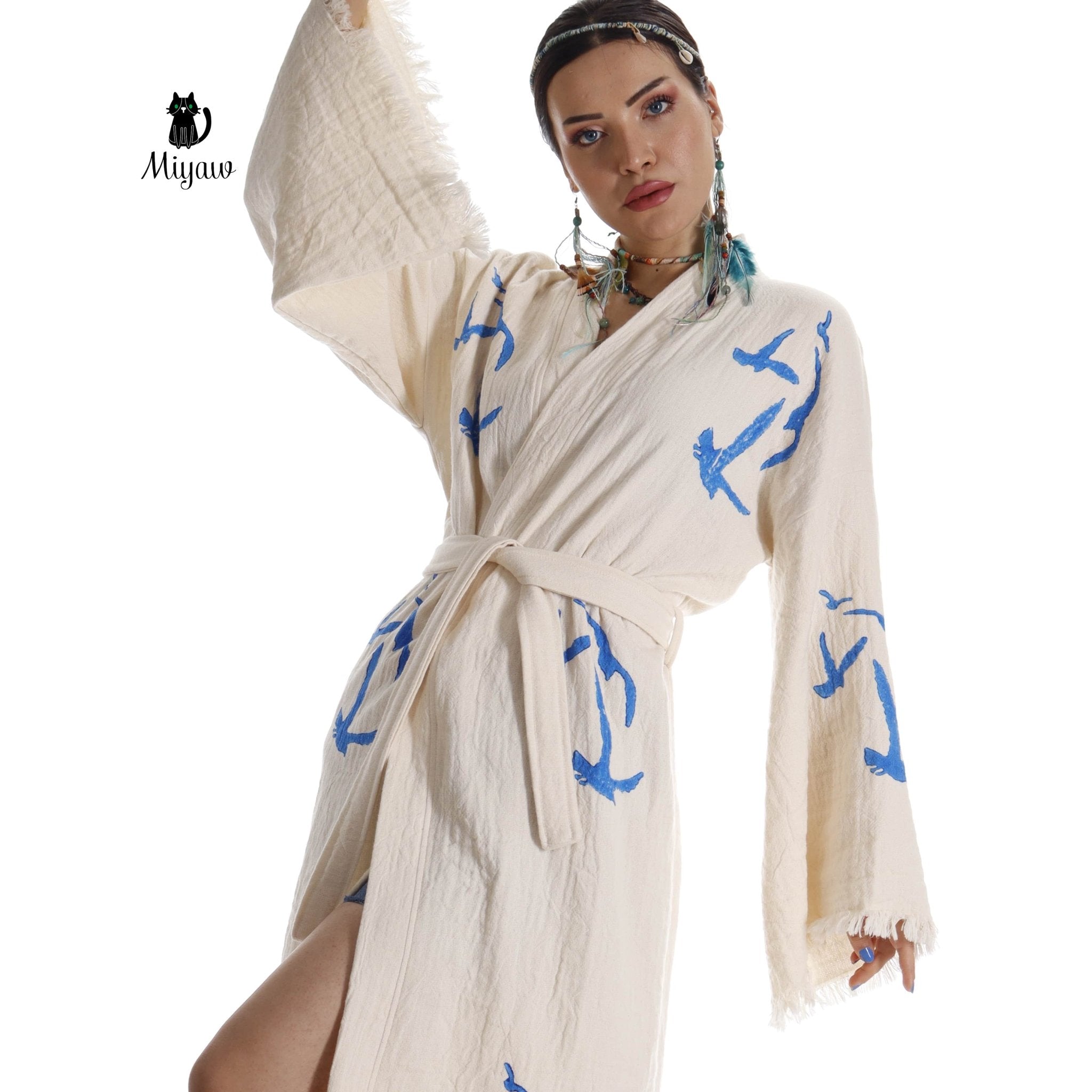 Handcrafted Organic Cotton Kimono Robe – Seagull Print Bohemian Beach Cover Up | Trini Skies - Triniskies