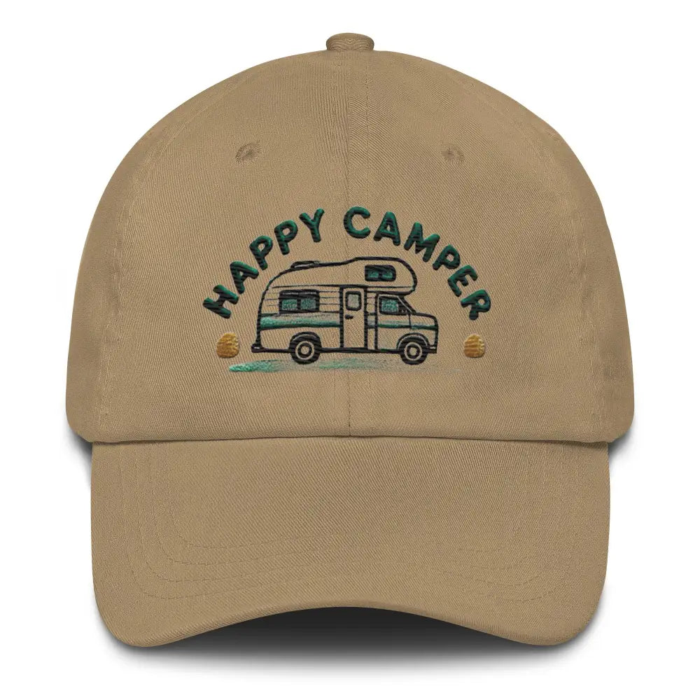 Trini Skies Happy Camper Dad embroidered tan RV baseball cap