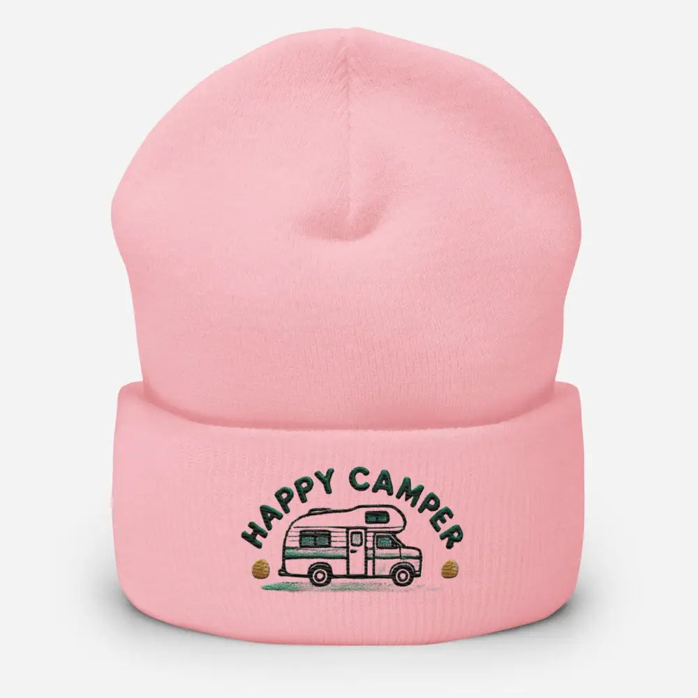 Pink Happy Camper embroidered cuffed beanie in corduroy