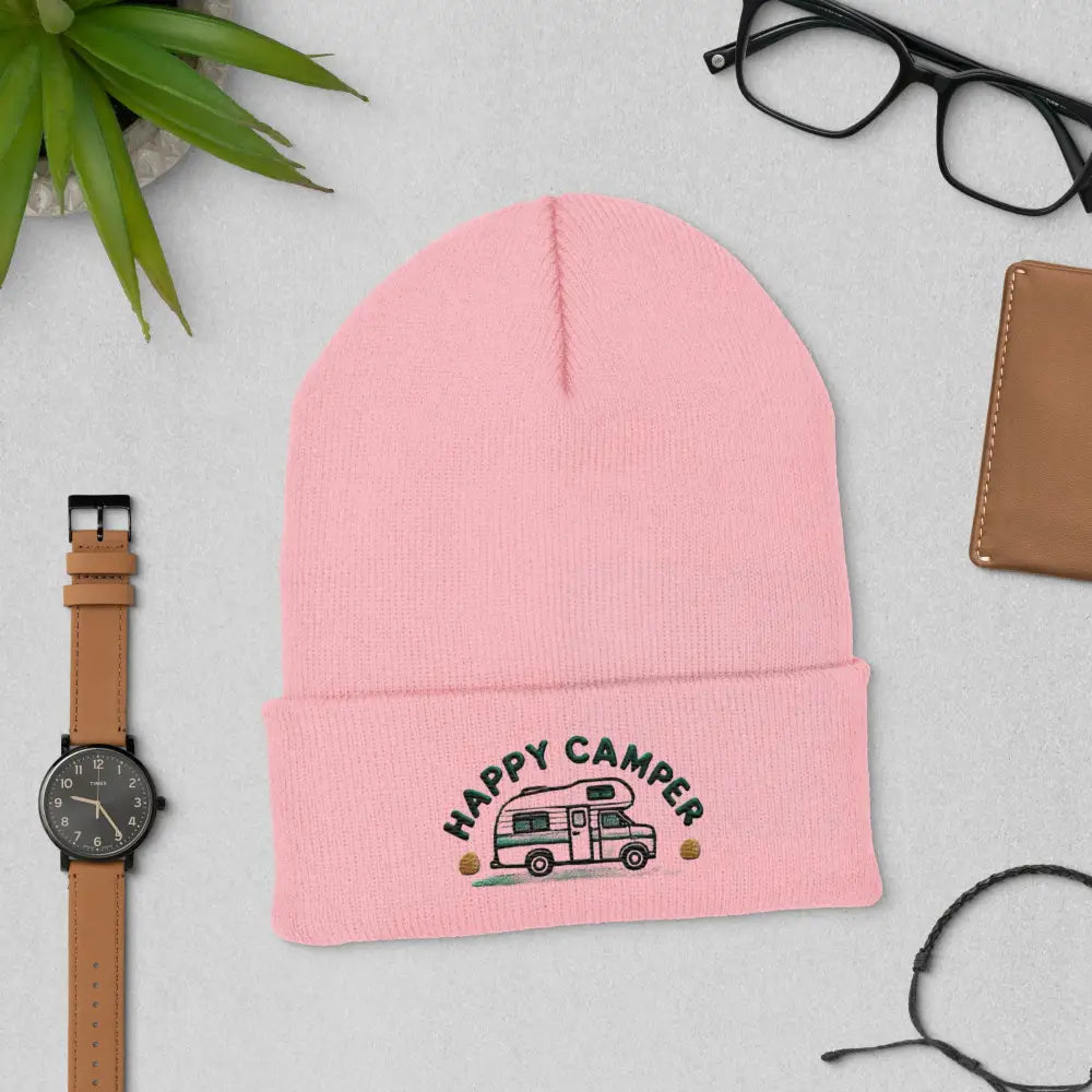 Pink happy camper embroidered knit beanie hat