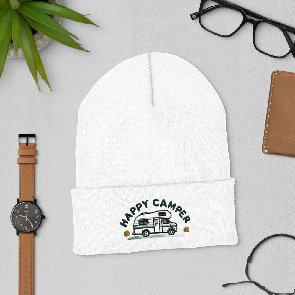 Happy camper embroidered white knit beanie