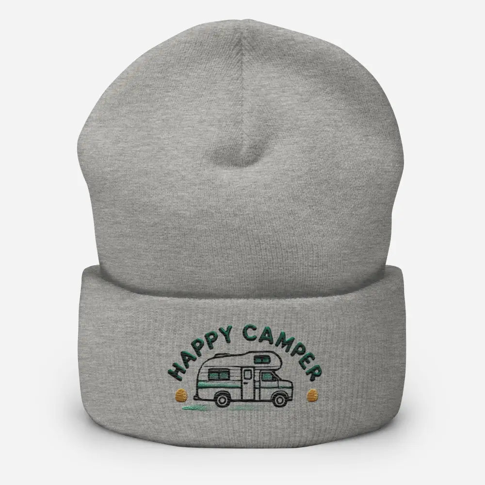 Happy Camper Embroidered Grey Knit Beanie with Camper Van
