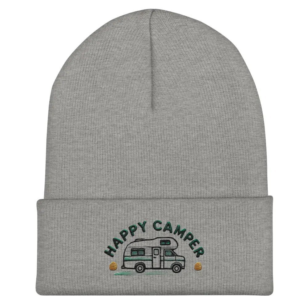 Gray happy camper embroidered beanie with RV graphic