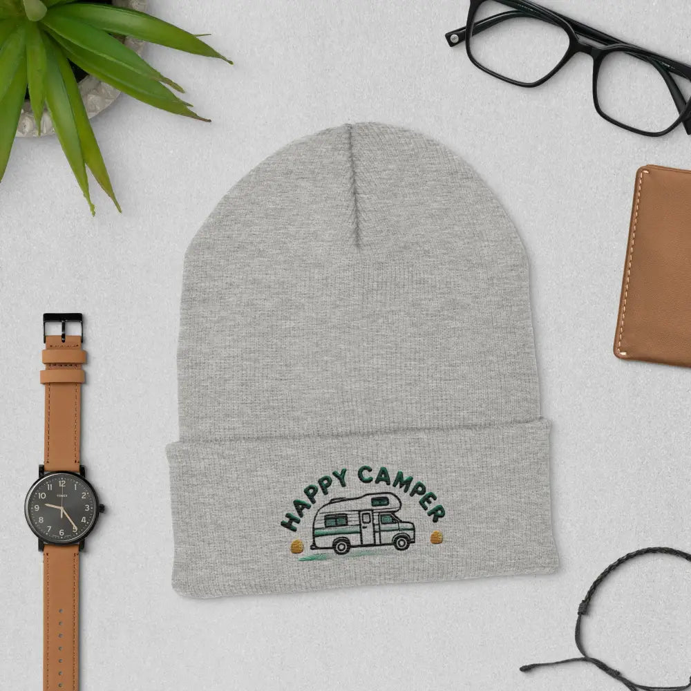 Light gray happy camper embroidered cuffed beanie