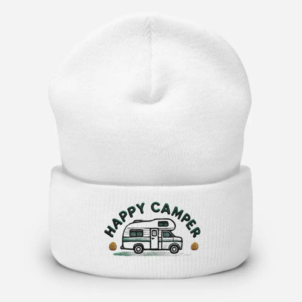 White Happy Camper Embroidered Beanie with Cuffed Design