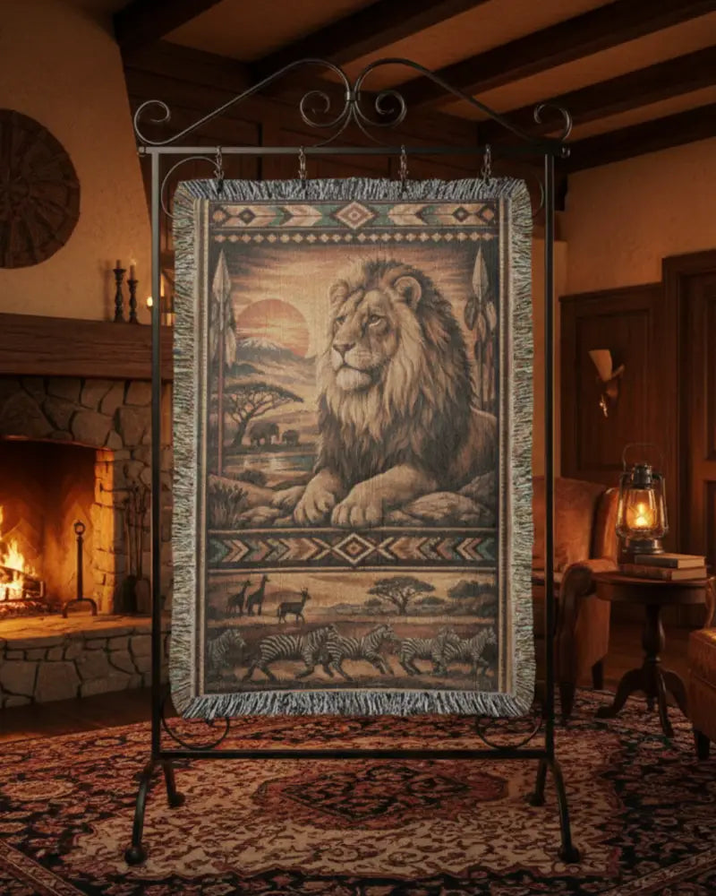Heirloom lion woven tapestry on metal stand, safari inspired textile