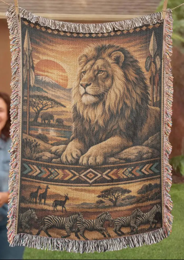 Heirloom lion woven blanket with safari inspired textile savanna scene