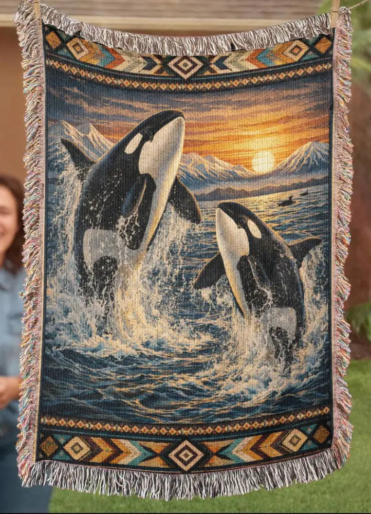 Orca woven blanket tapestry with leaping orcas at sunset