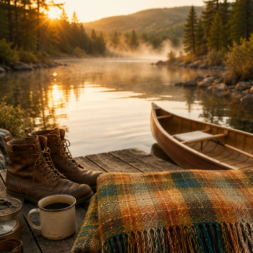 The Drifter plaid woven cotton throw on a lake dock at sunrise with a canoe and coffee — Trini Skies