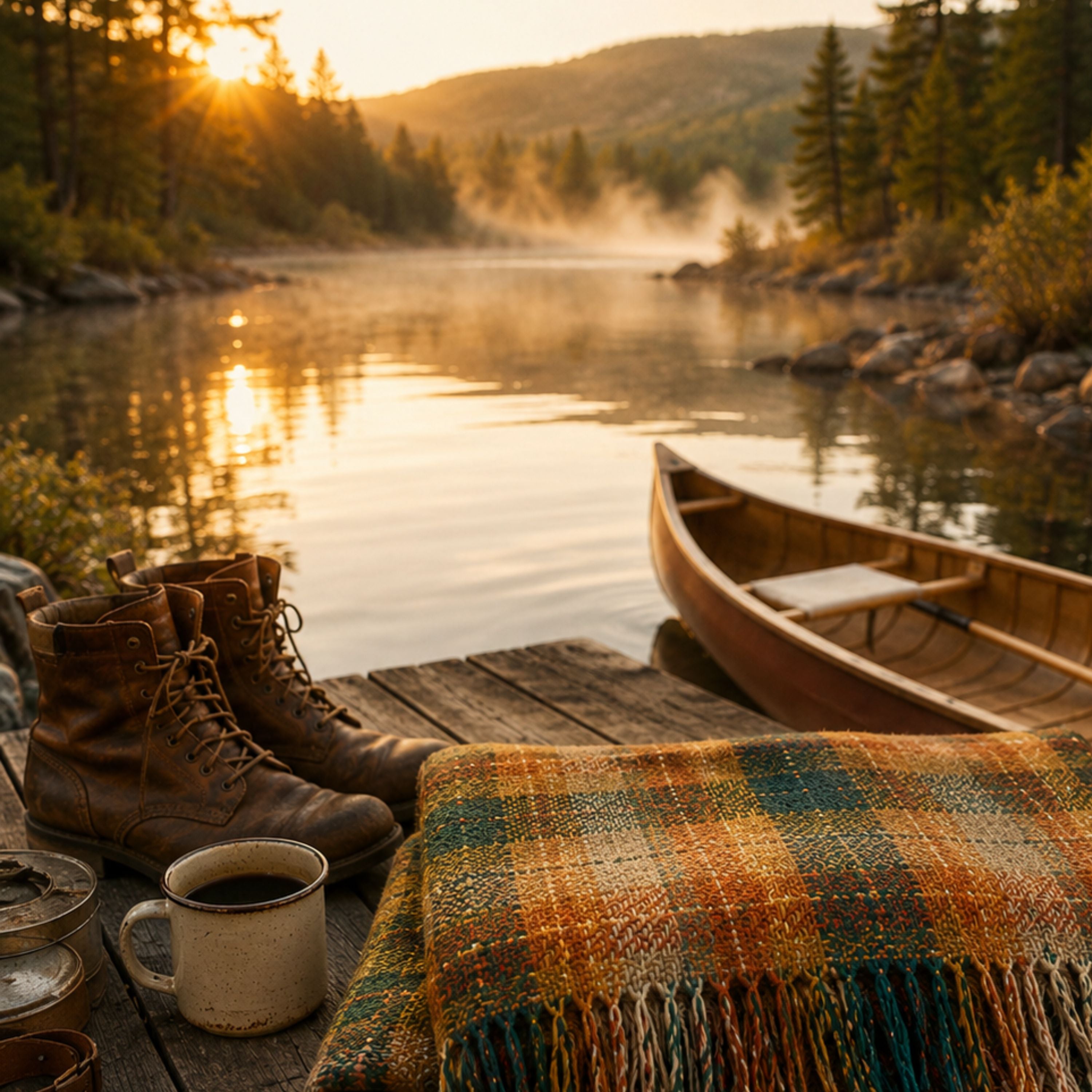 The Drifter plaid woven cotton throw on a lake dock at sunrise with a canoe and coffee — Trini Skies