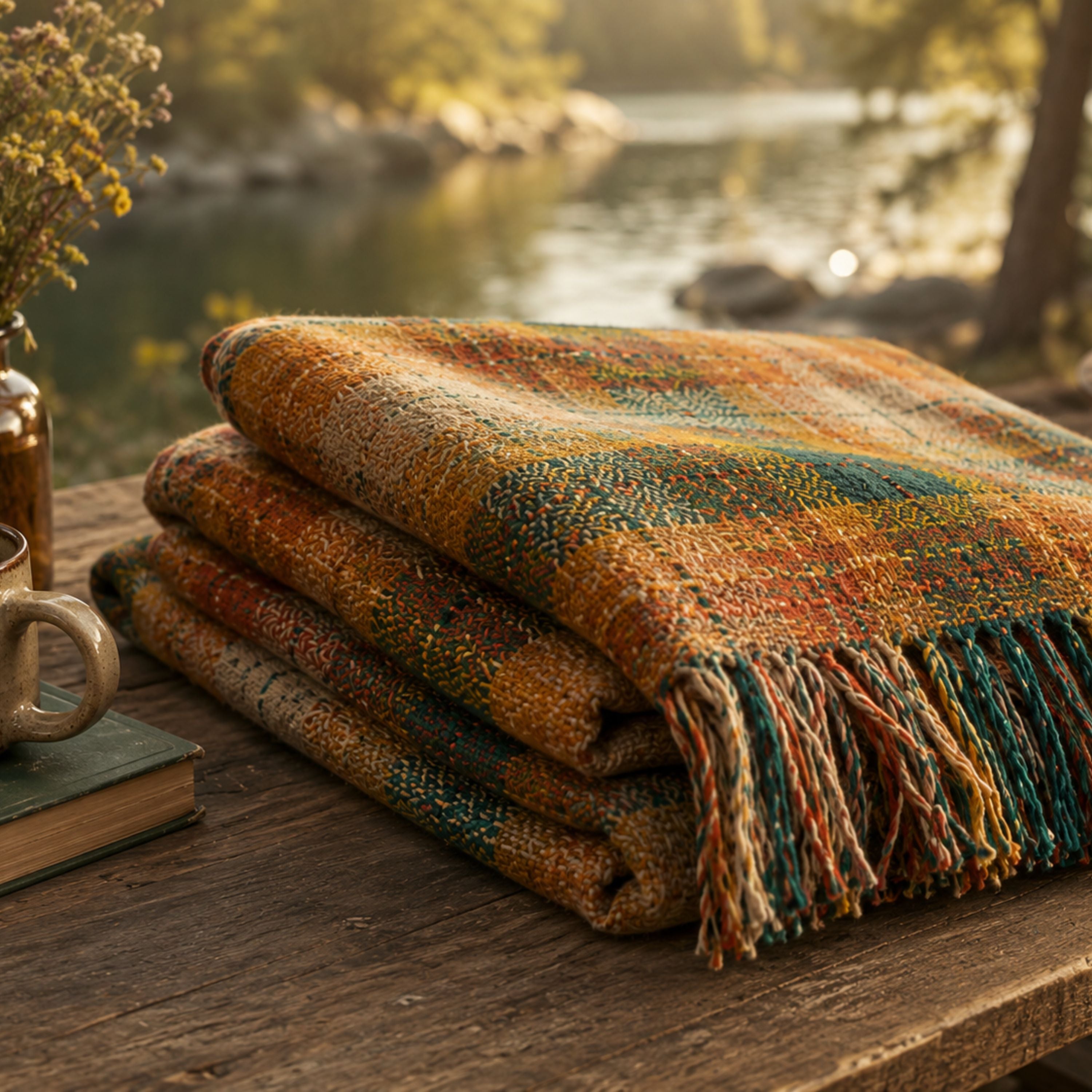 The Drifter heritage plaid woven throw folded in a stack outdoors at golden hour — Trini Skies