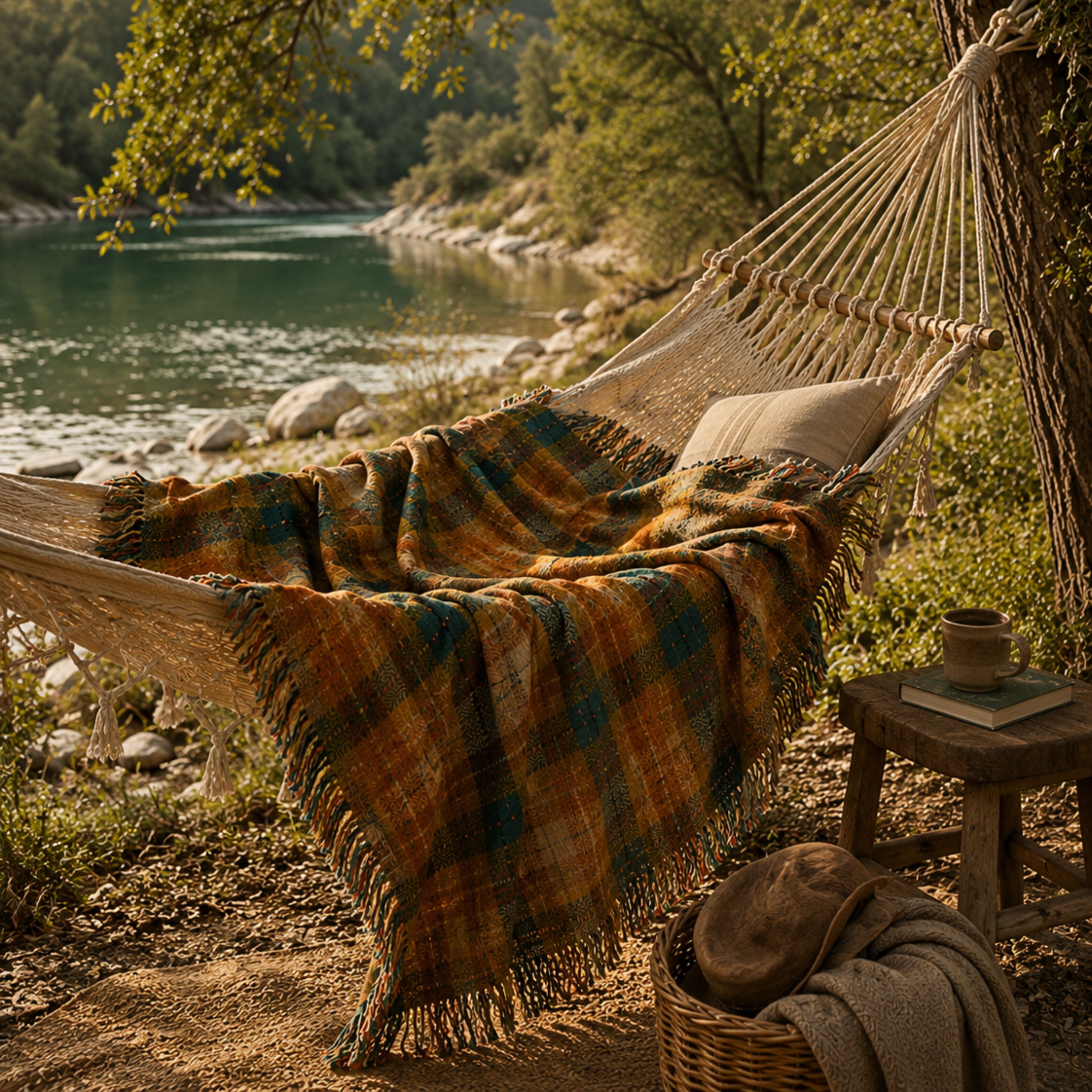 The Drifter plaid woven throw blanket draped across a hammock by the river — Trini Skies