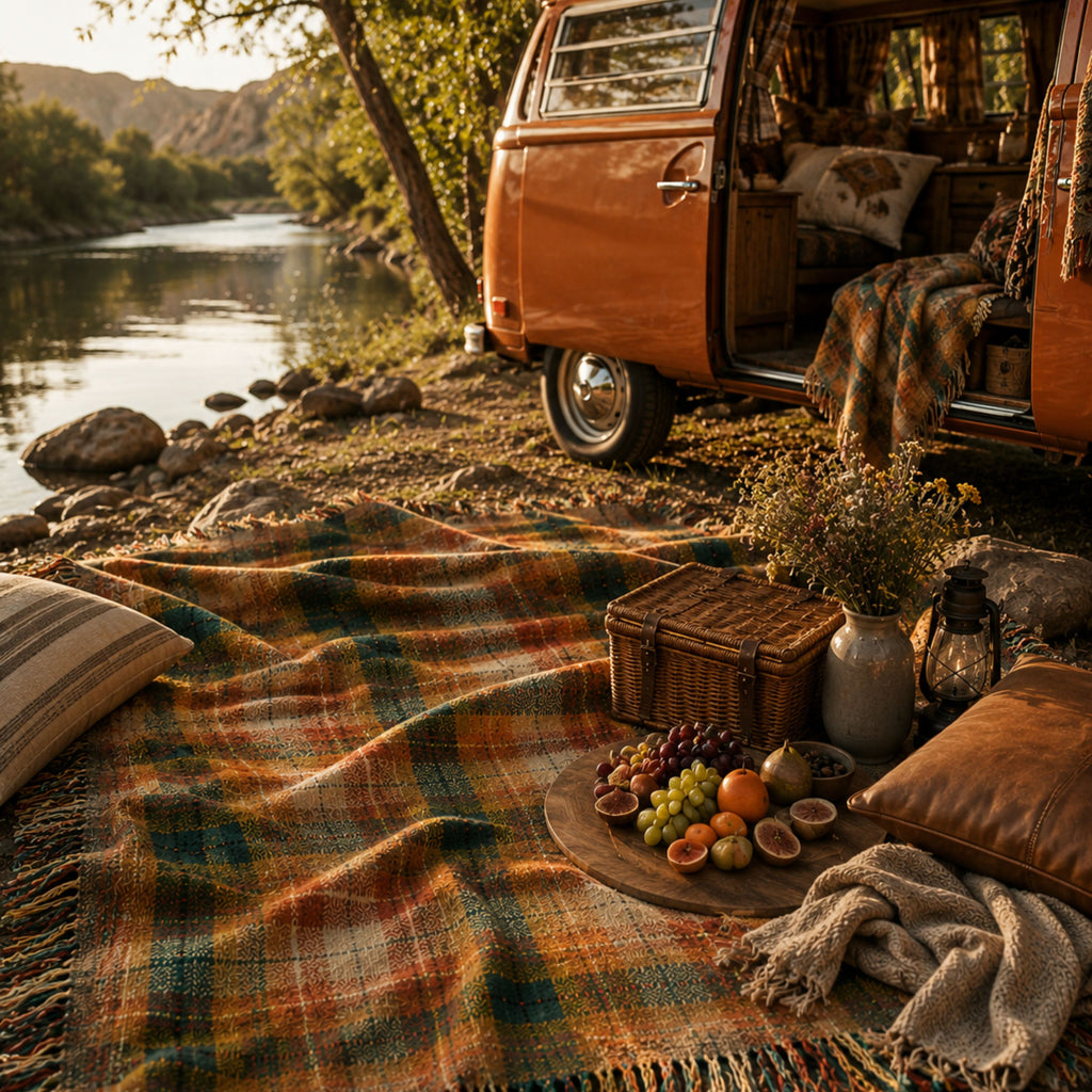 The Drifter plaid woven throw spread for a riverside picnic beside a vintage camper — Trini Skies