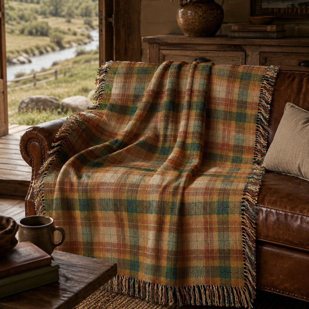 The Drifter heritage plaid woven throw draped over a leather sofa in a riverside cabin — Trini Skies