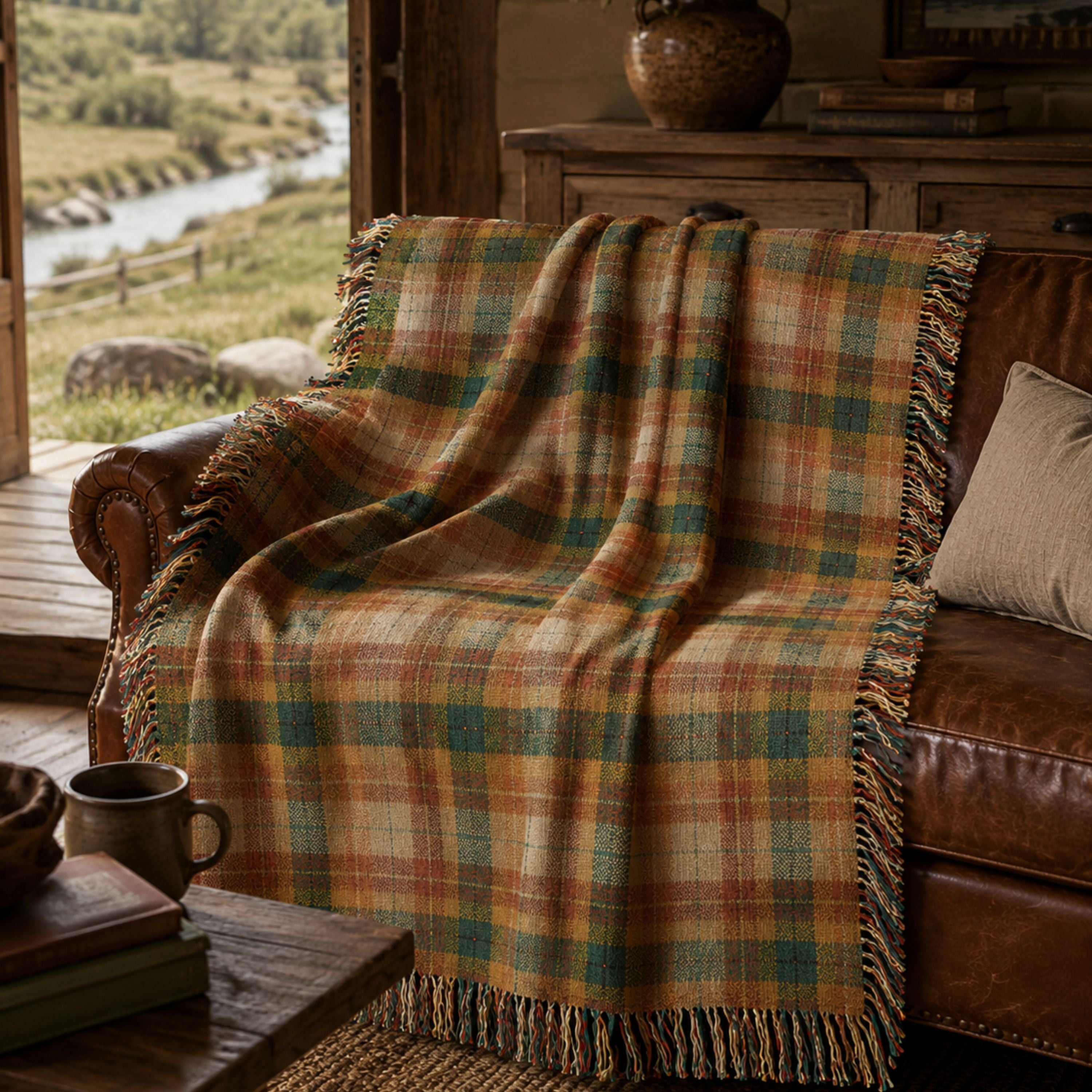 The Drifter heritage plaid woven throw draped over a leather sofa in a riverside cabin — Trini Skies