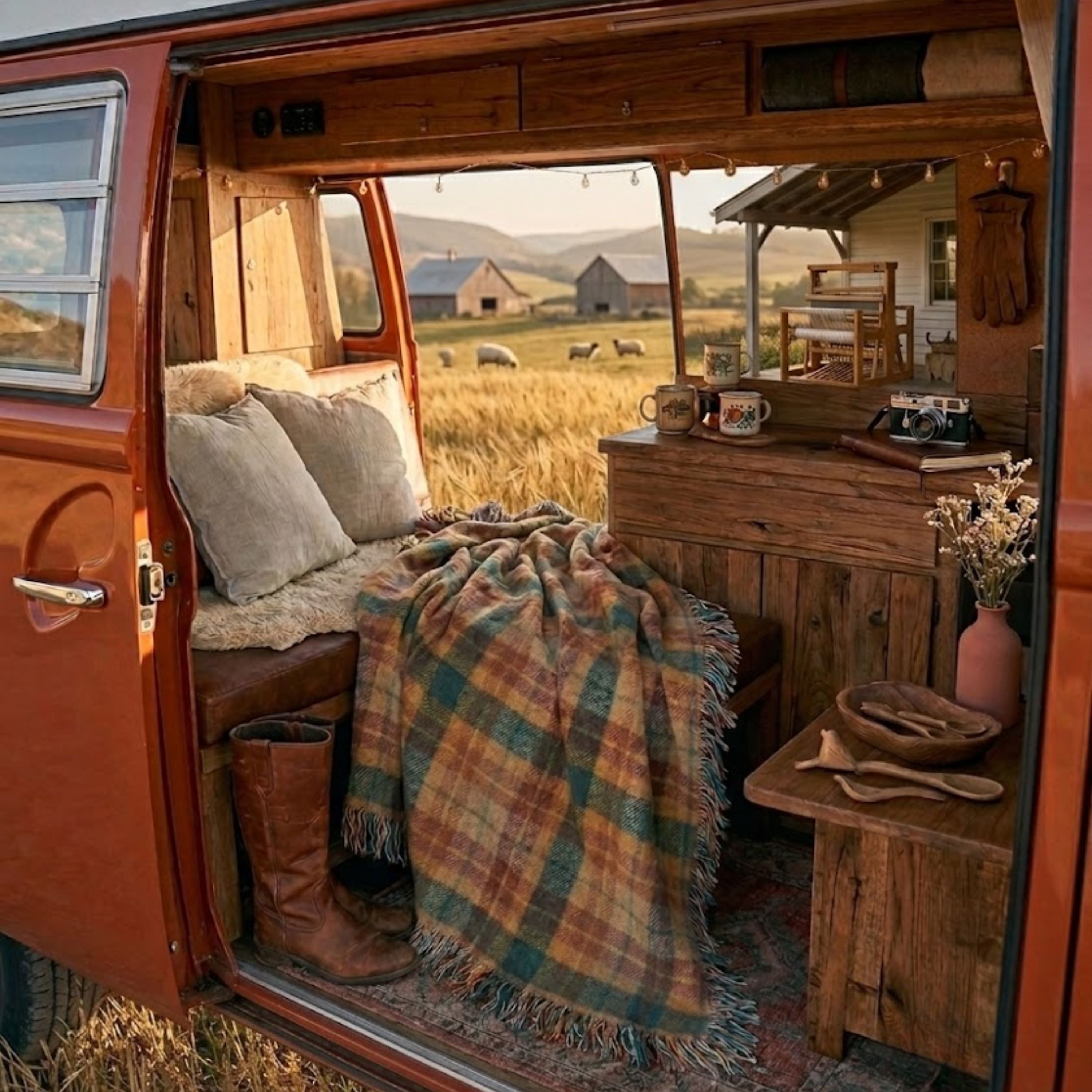 The Drifter plaid woven throw layered in a vintage camper van at golden hour — Trini Skies