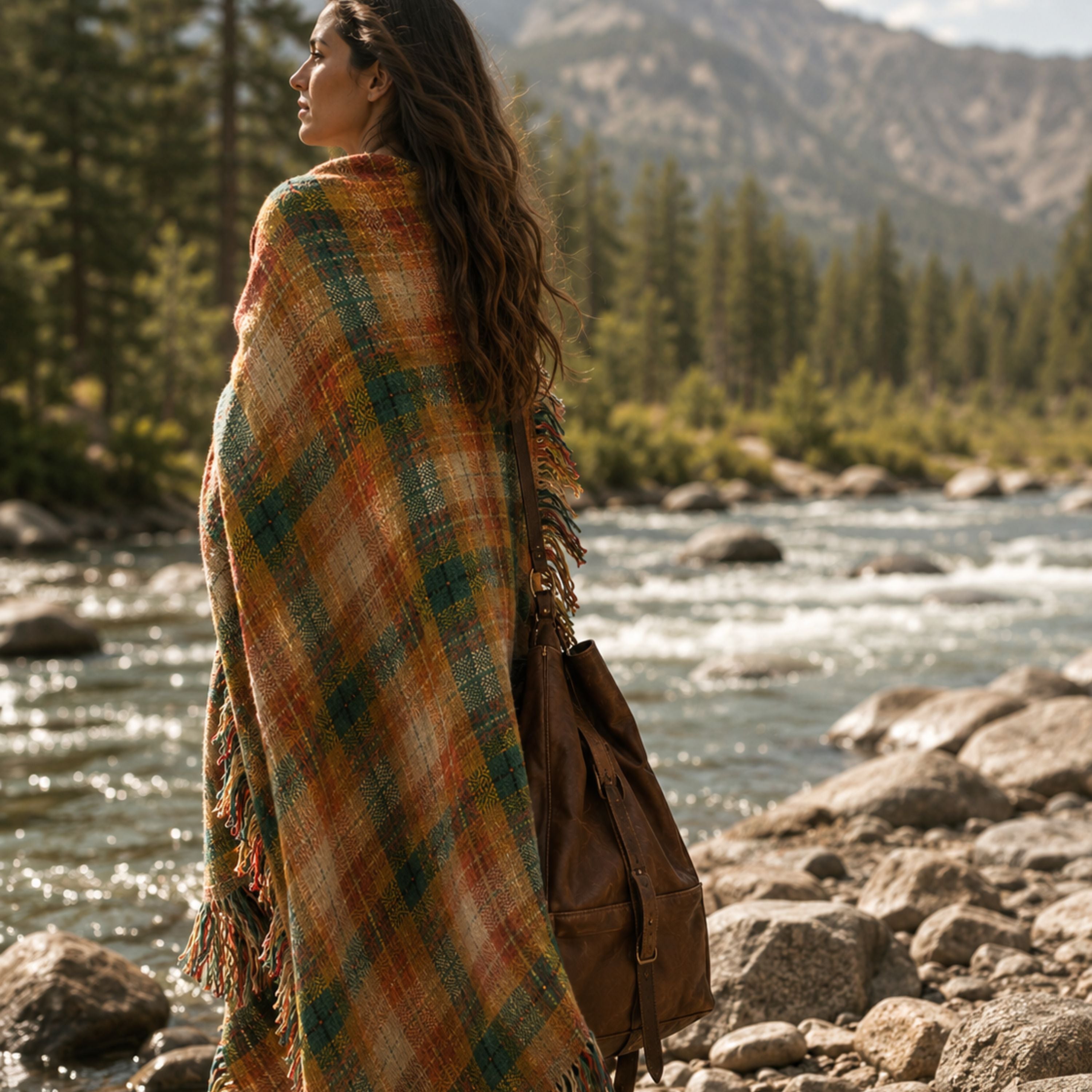 Woman wrapped in the Drifter plaid woven cotton throw beside a mountain river — Trini Skies