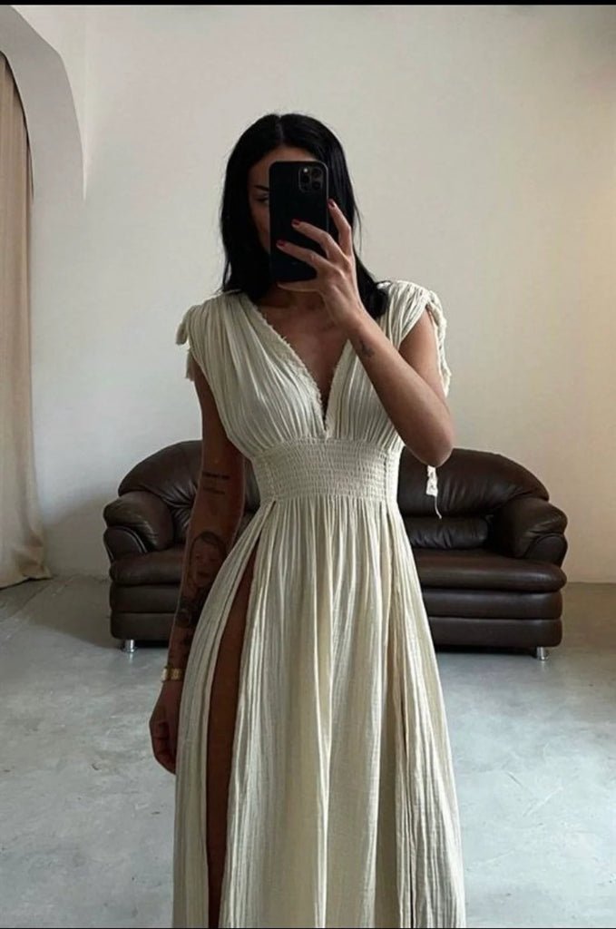 Helen Organic Cotton Goddess Dress – Elegant Resort Maxi with High Slit - Triniskies