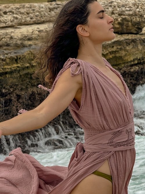 Helen Organic Cotton Goddess Dress – Elegant Resort Maxi with High Slit - Triniskies