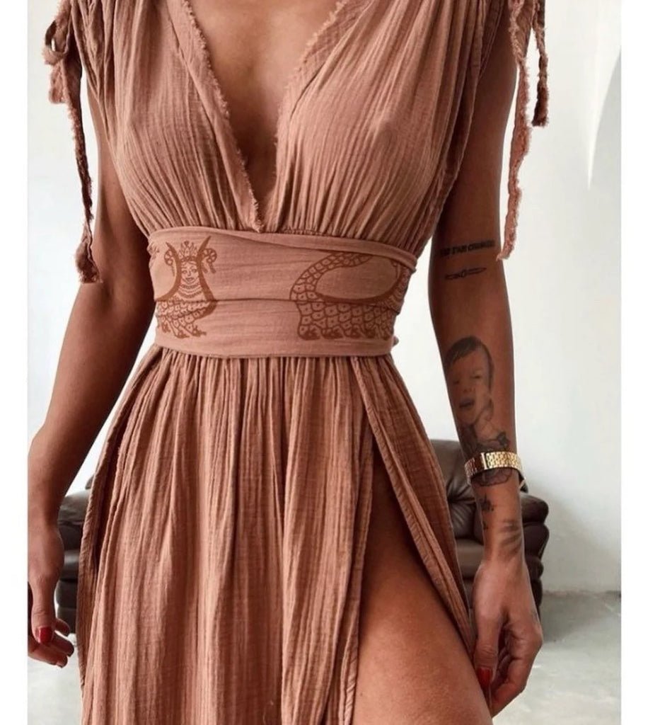 Helen Organic Cotton Goddess Dress – Elegant Resort Maxi with High Slit - Triniskies