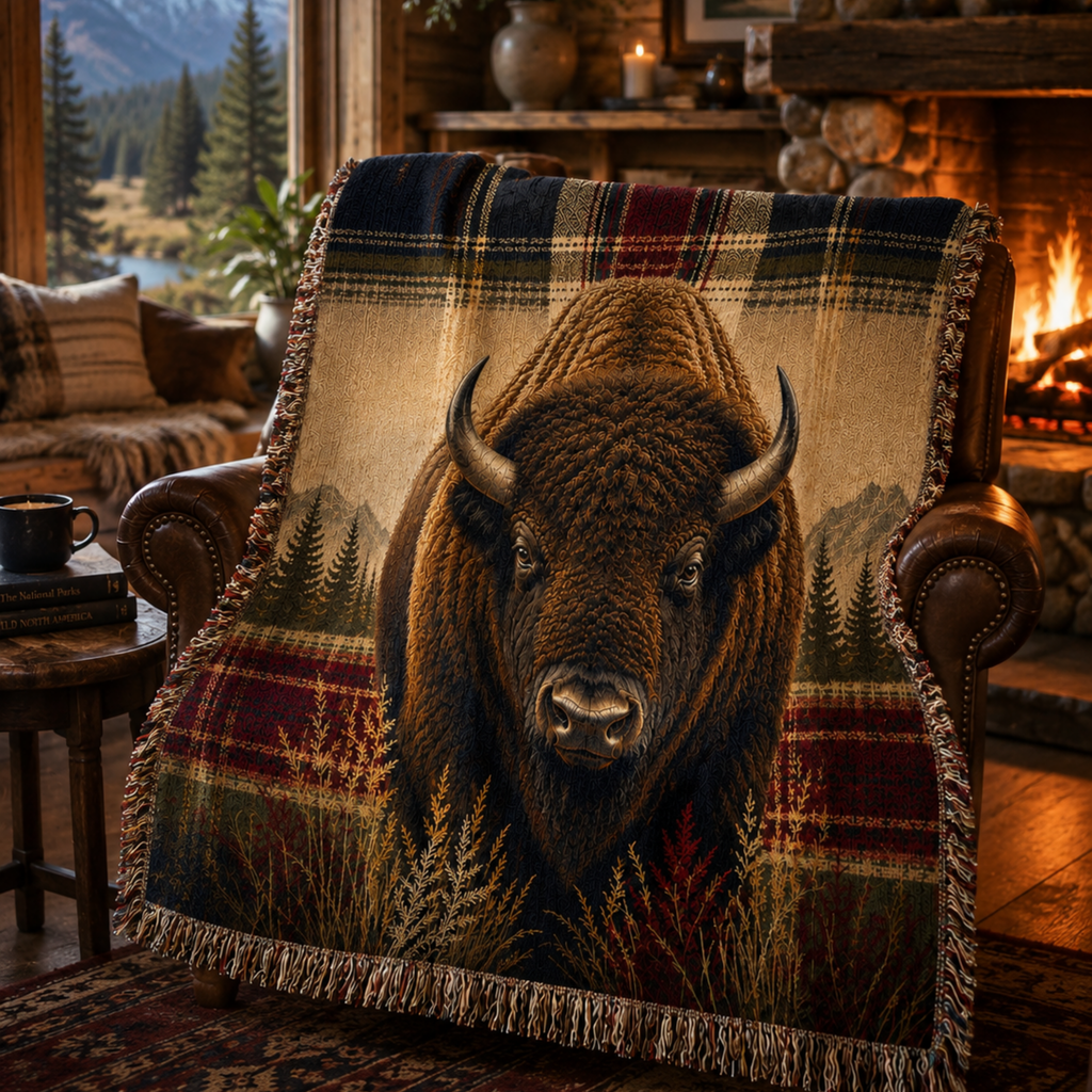Heritage Buffalo woven cotton throw blanket draped over armchair, front-facing bison portrait commanding the frame, plaid border and multicolor fringe detail