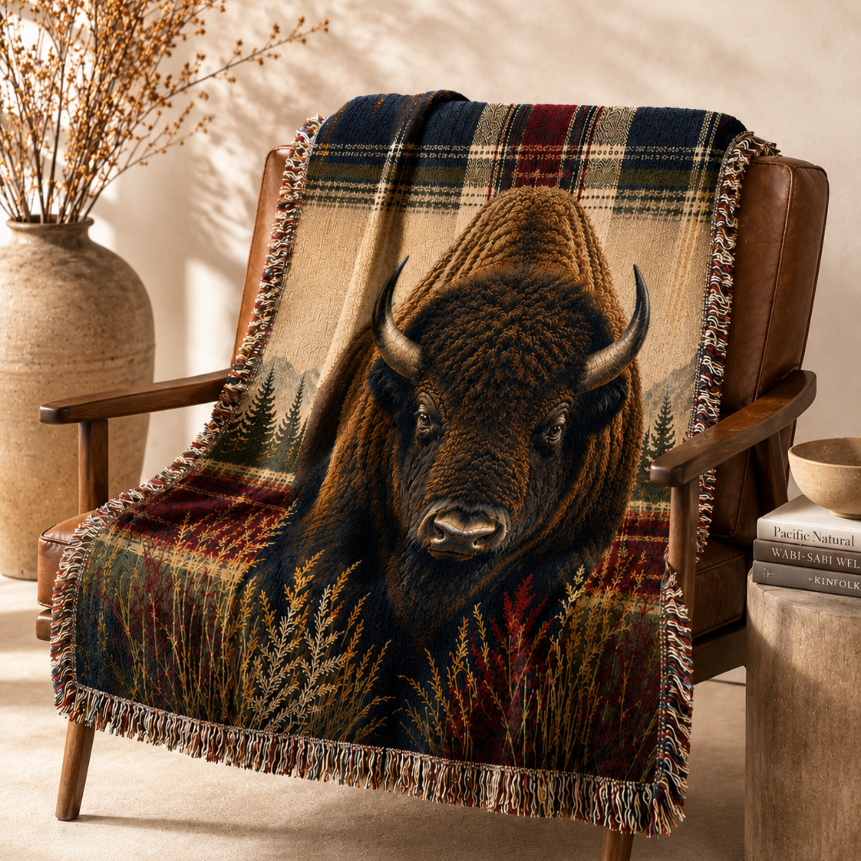 Heritage Buffalo woven cotton throw blanket draped over leather chair in lodge interior, front-facing bison portrait with heritage plaid border in navy crimson and gold, pine treeline behind him