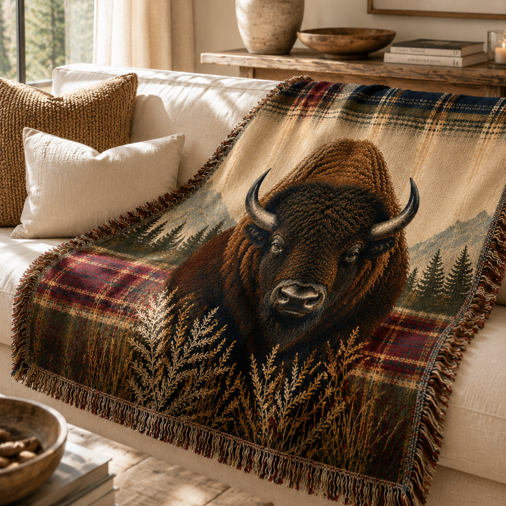 Heritage Buffalo woven cotton throw blanket draped over sofa showing full bison portrait and heritage plaid border in navy crimson gold with multicolor fringe