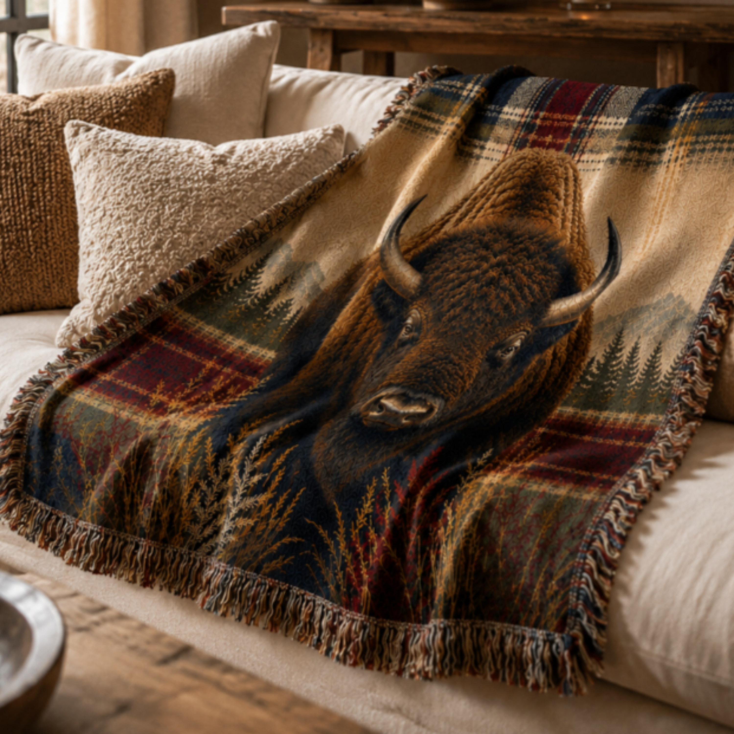 Heritage Buffalo woven cotton throw blanket draped over white sofa in bright interior, front-facing bison with navy crimson and gold plaid border, multicolor fringe