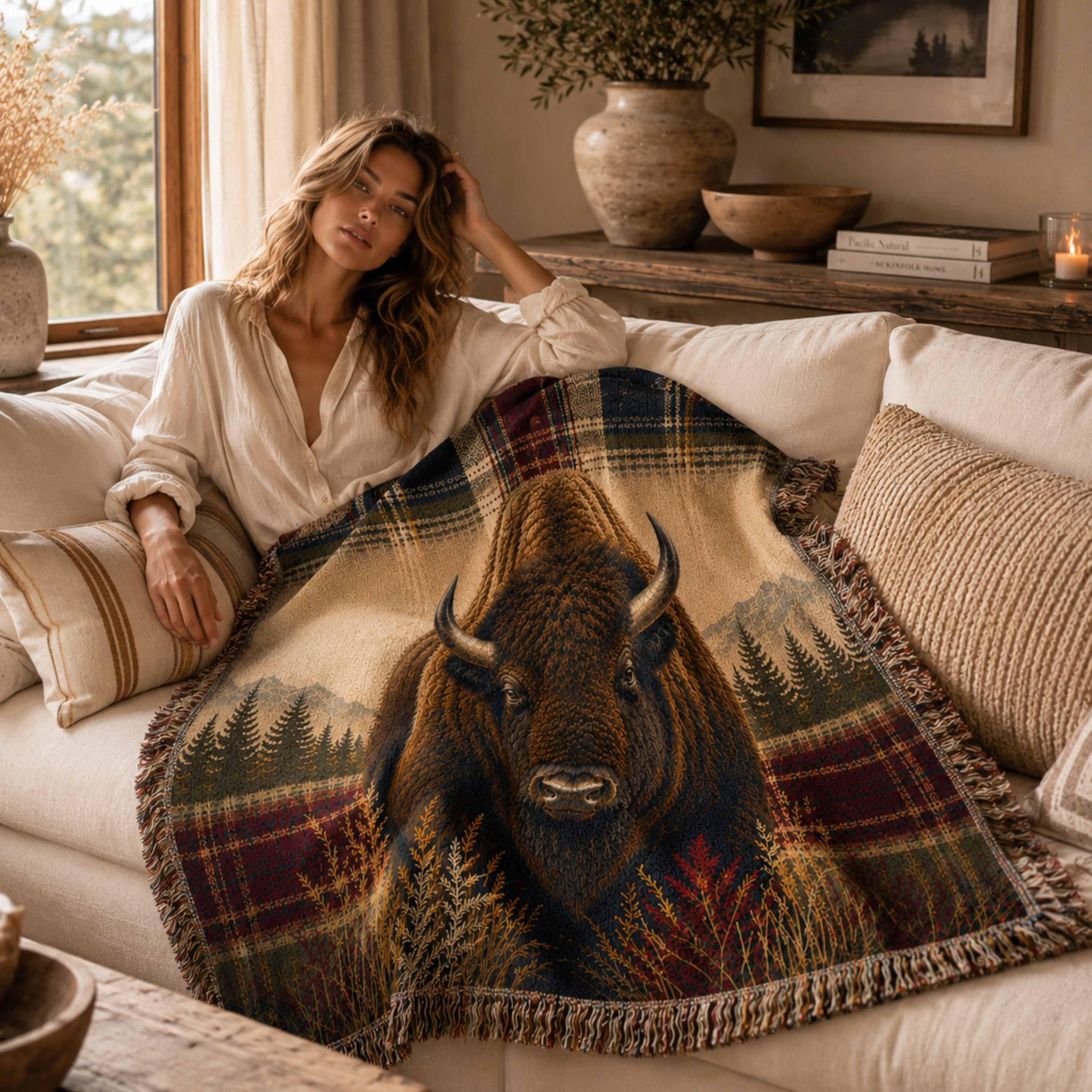 Woman seated on sofa beneath Heritage Buffalo woven cotton throw blanket, front-facing bison portrait with lodge plaid border, warm cabin interior