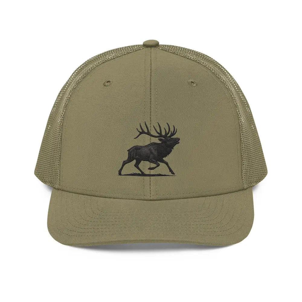 Heritage Elk Embroidered Trucker Cap with Black Elk on Olive Green