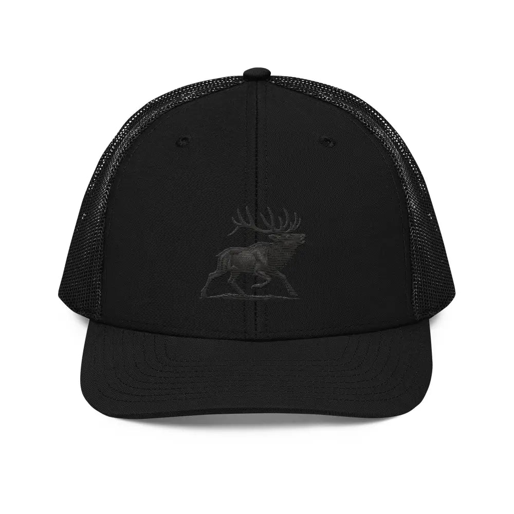 Heritage Elk embroidered black trucker cap with Richardson 112 design