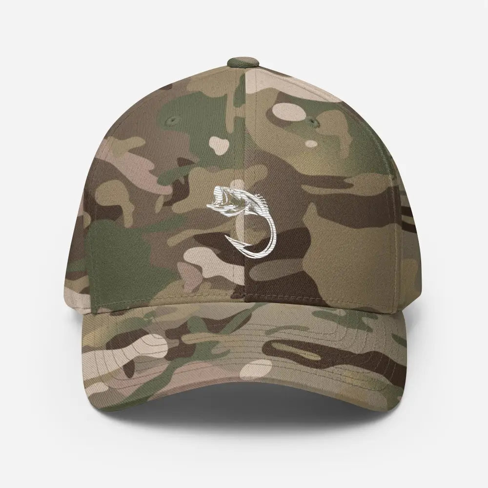 Hooked flexfit hat featuring bold line-art fish and hook emblem