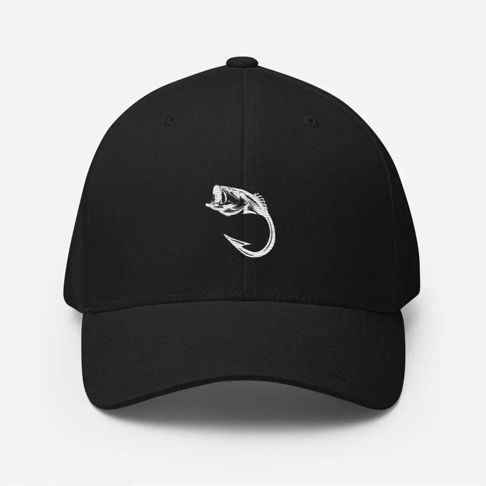 Hooked flexfit hat featuring bold line-art fish on black cap