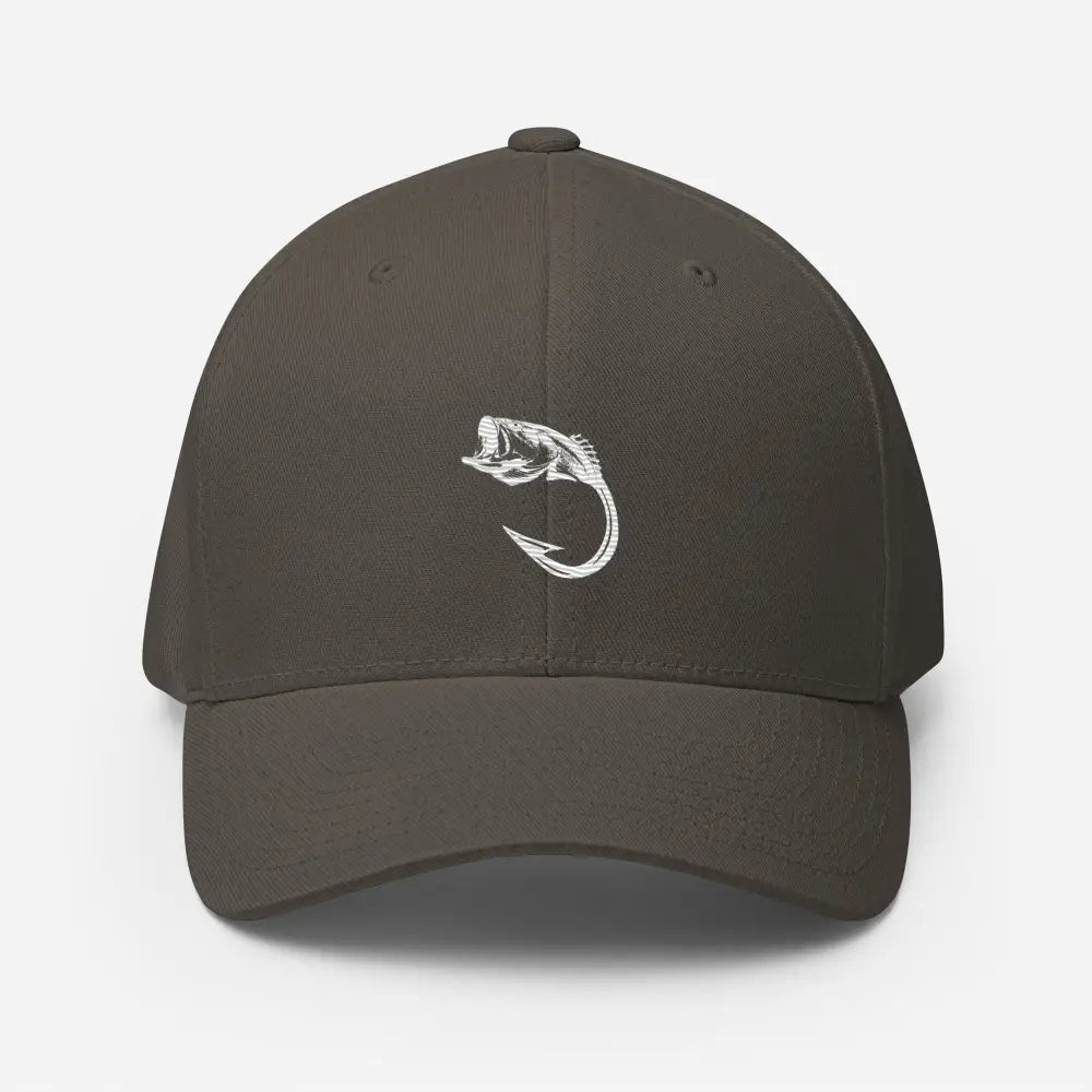 Hooked Flexfit hat featuring bold line-art fish embroidery in dark gray
