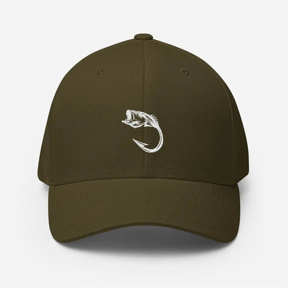 Olive green Flexfit hat featuring bold line-art fish on hook, Trini Skies Supply