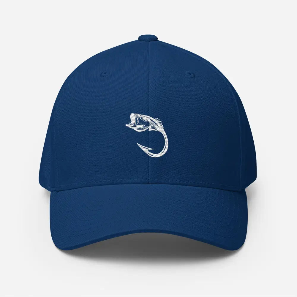 Hooked flexfit hat featuring bold line-art fish and hook design