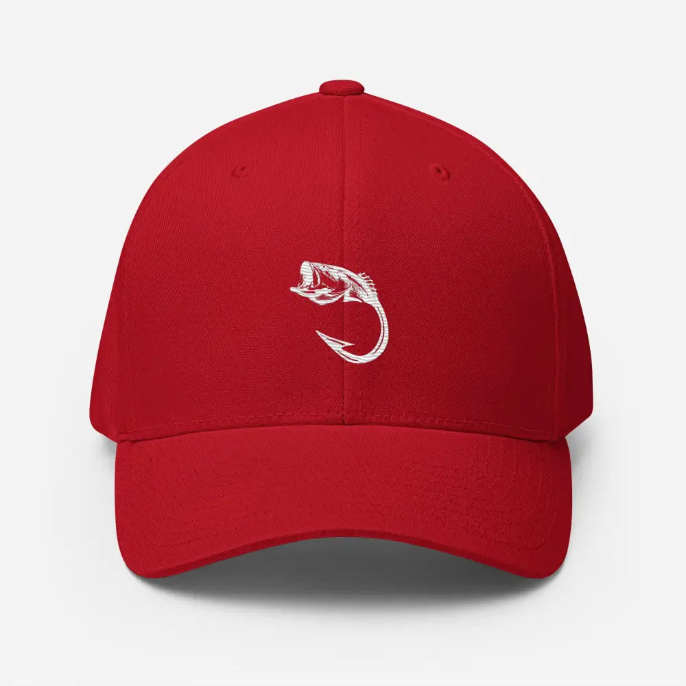Hooked Flexfit hat featuring bold line-art fish embroidery