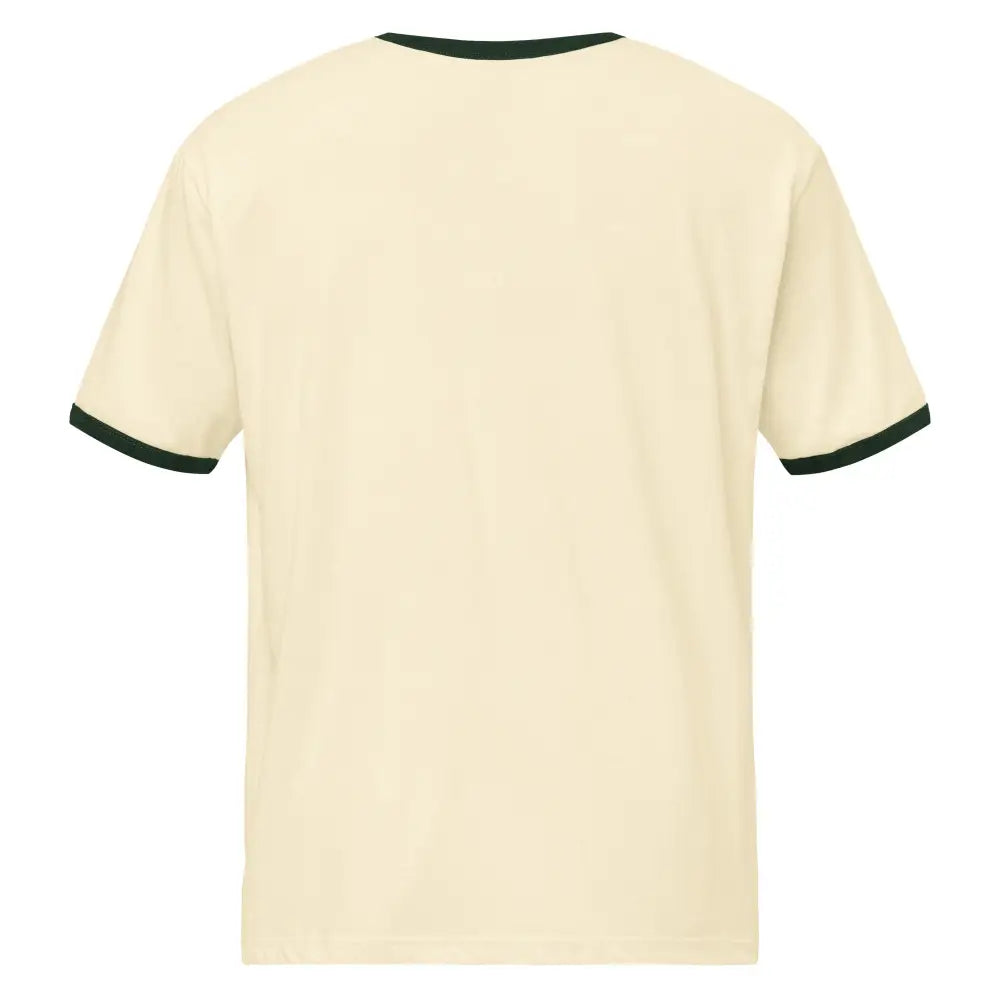 Cream-colored vintage inspired ringer t-shirt with dark green trim