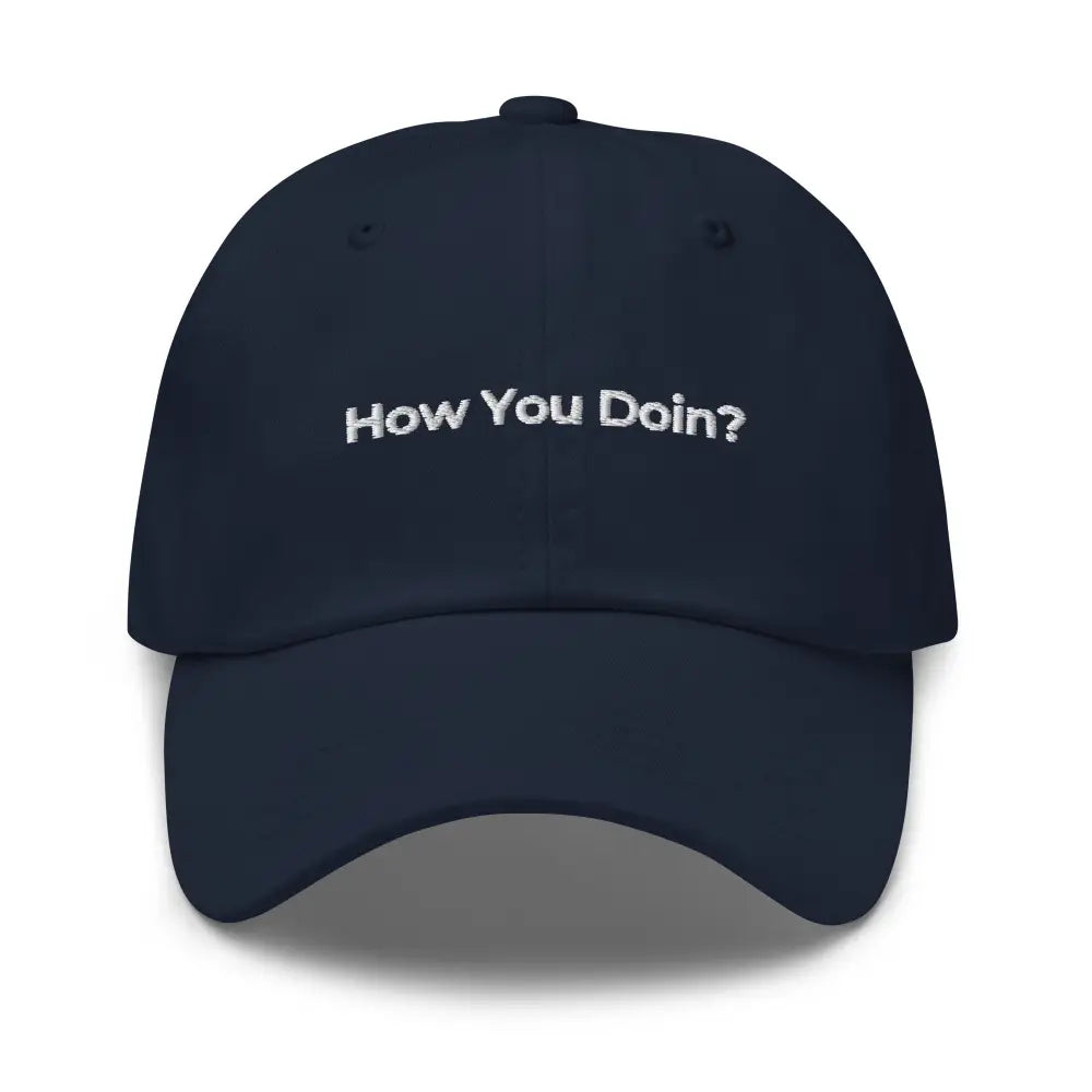 Trini Skies embroidered dad hat in dark blue with white text