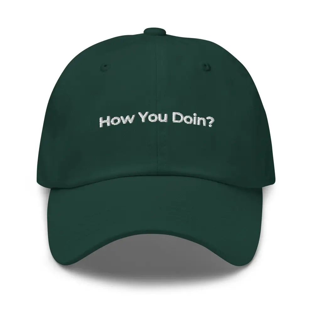 Trini Skies embroidered dad hat in dark green with white text