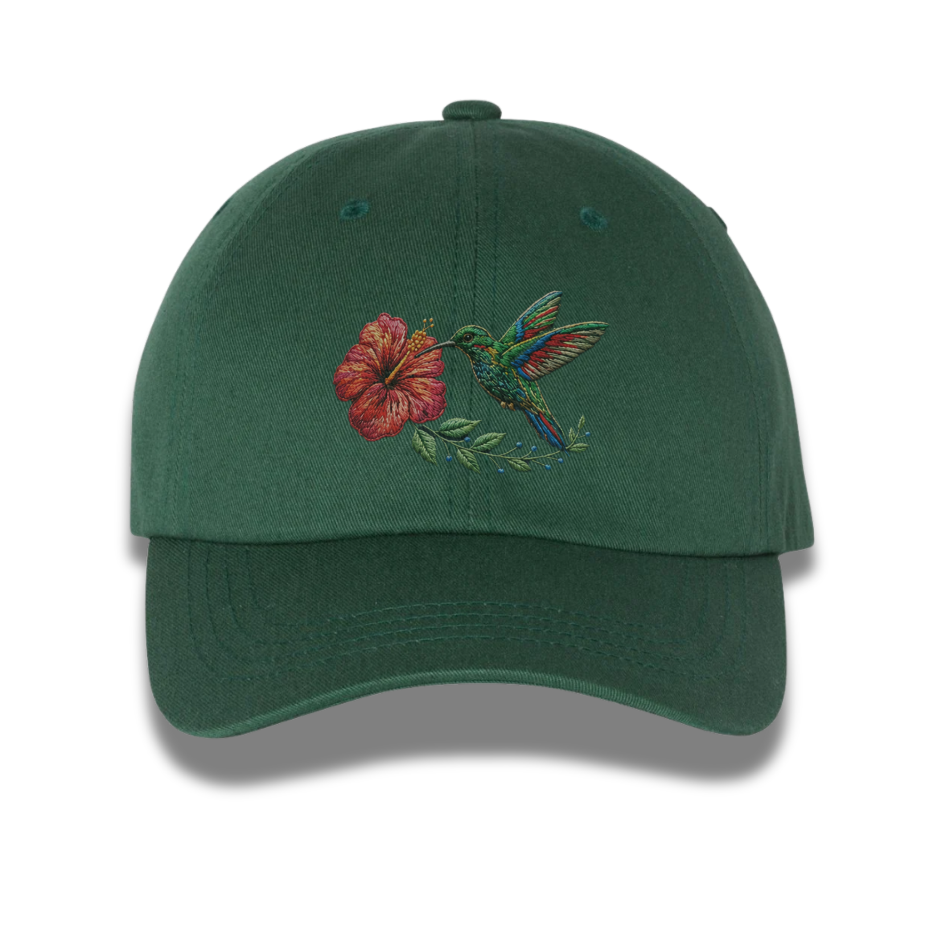 Spruce green hummingbird embroidered hat tropical floral cap