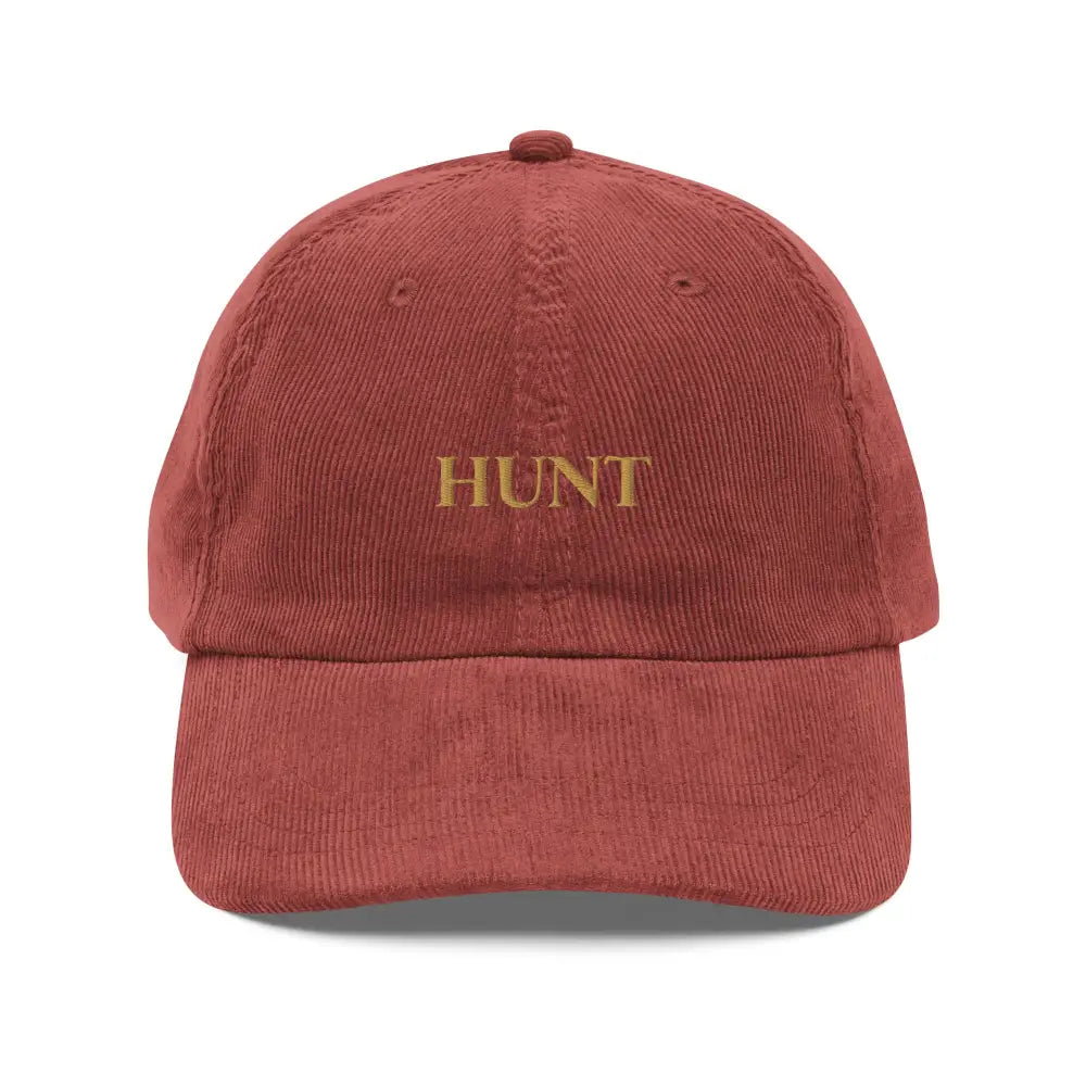 Hunt embroidered vintage corduroy cap in reddish-brown