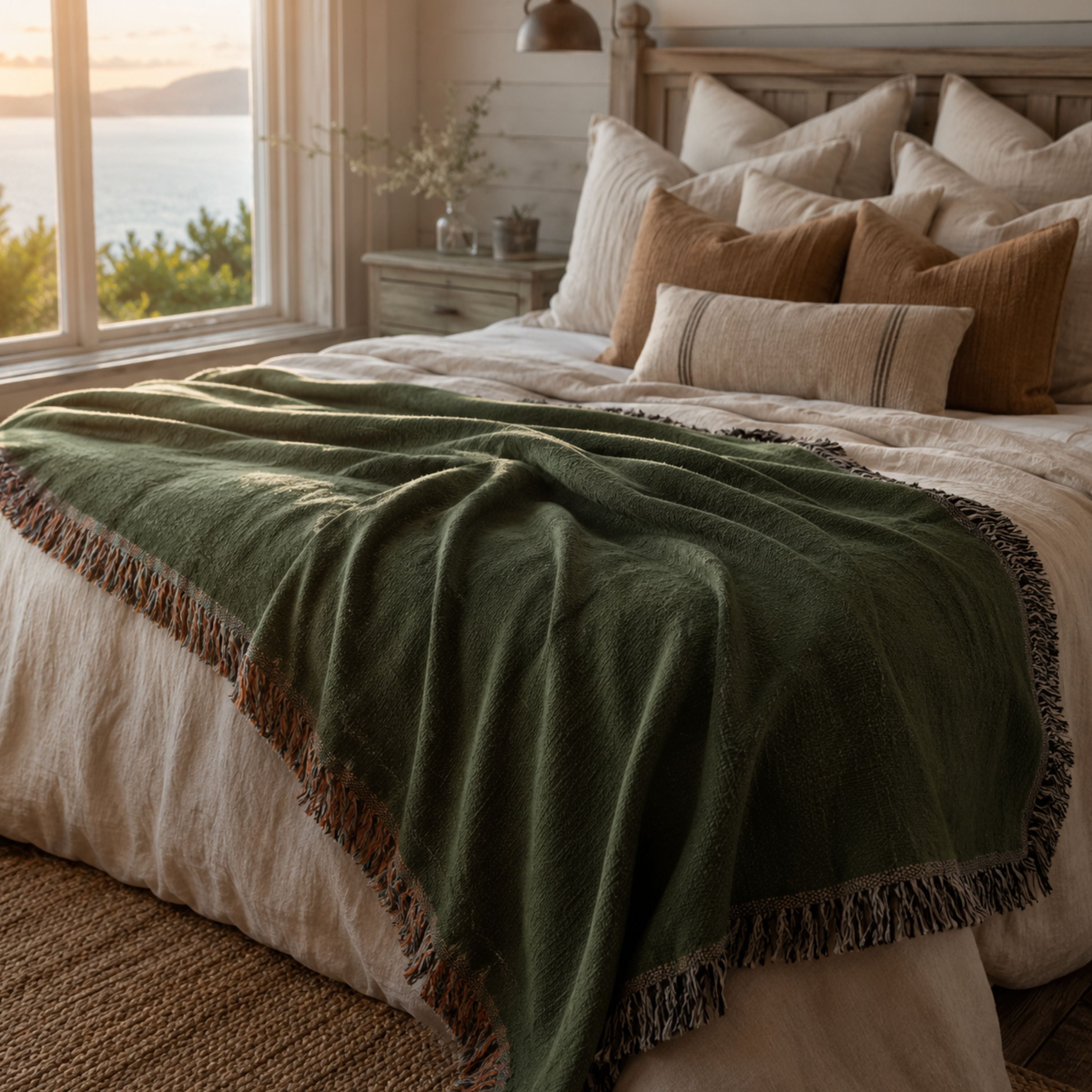 Solid hunter green woven cotton throw blanket folded on a bed in a warm, sunlit bedroom, showing the woven texture and fringe trim — Trini Skies
