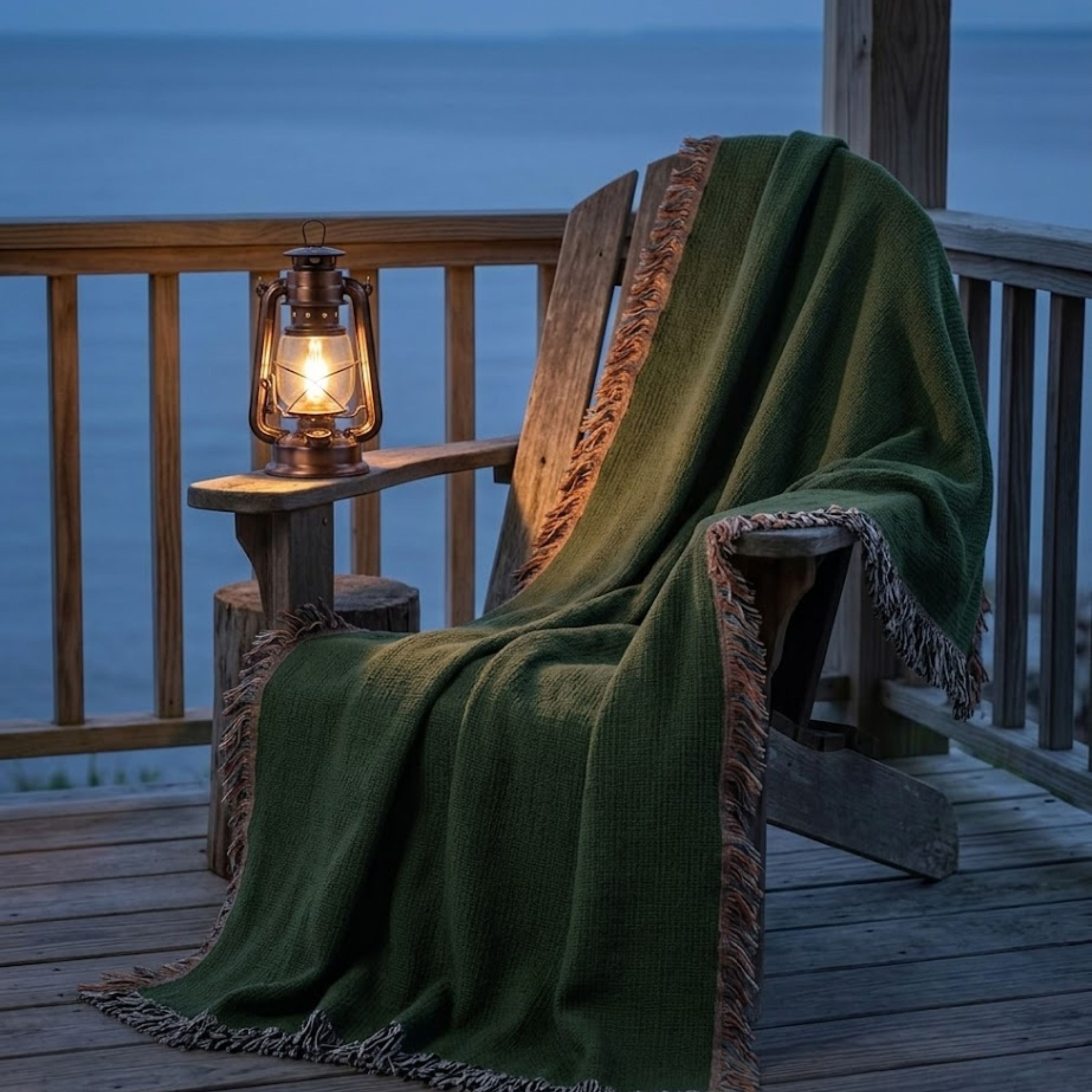 Solid hunter green woven cotton throw blanket draped over a wooden chair on a porch at dusk, warm lantern light and multicolor side fringe visible — Trini Skies